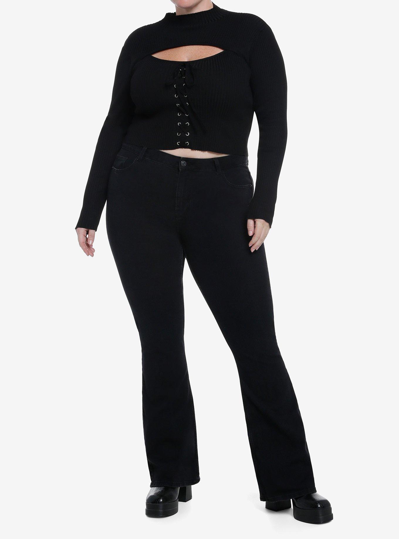 Cosmic Aura Black Lace-Up Mock Neck Girls Long-Sleeve Top Plus Size, BLACK, alternate