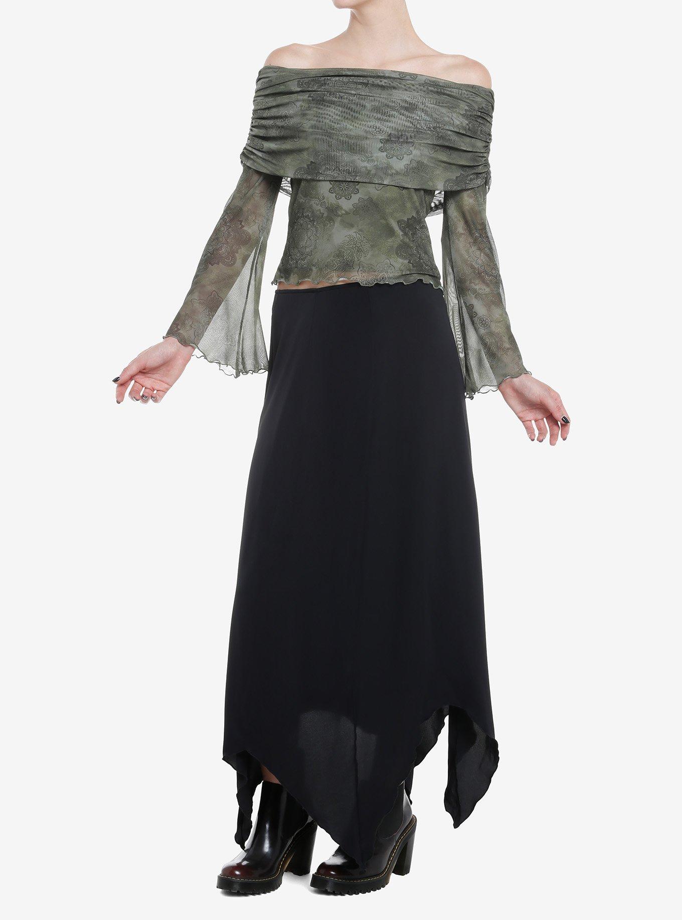 Thorn & Fable Green Mesh Off-The-Shoulder Girls Long-Sleeve Top, OLIVE, alternate