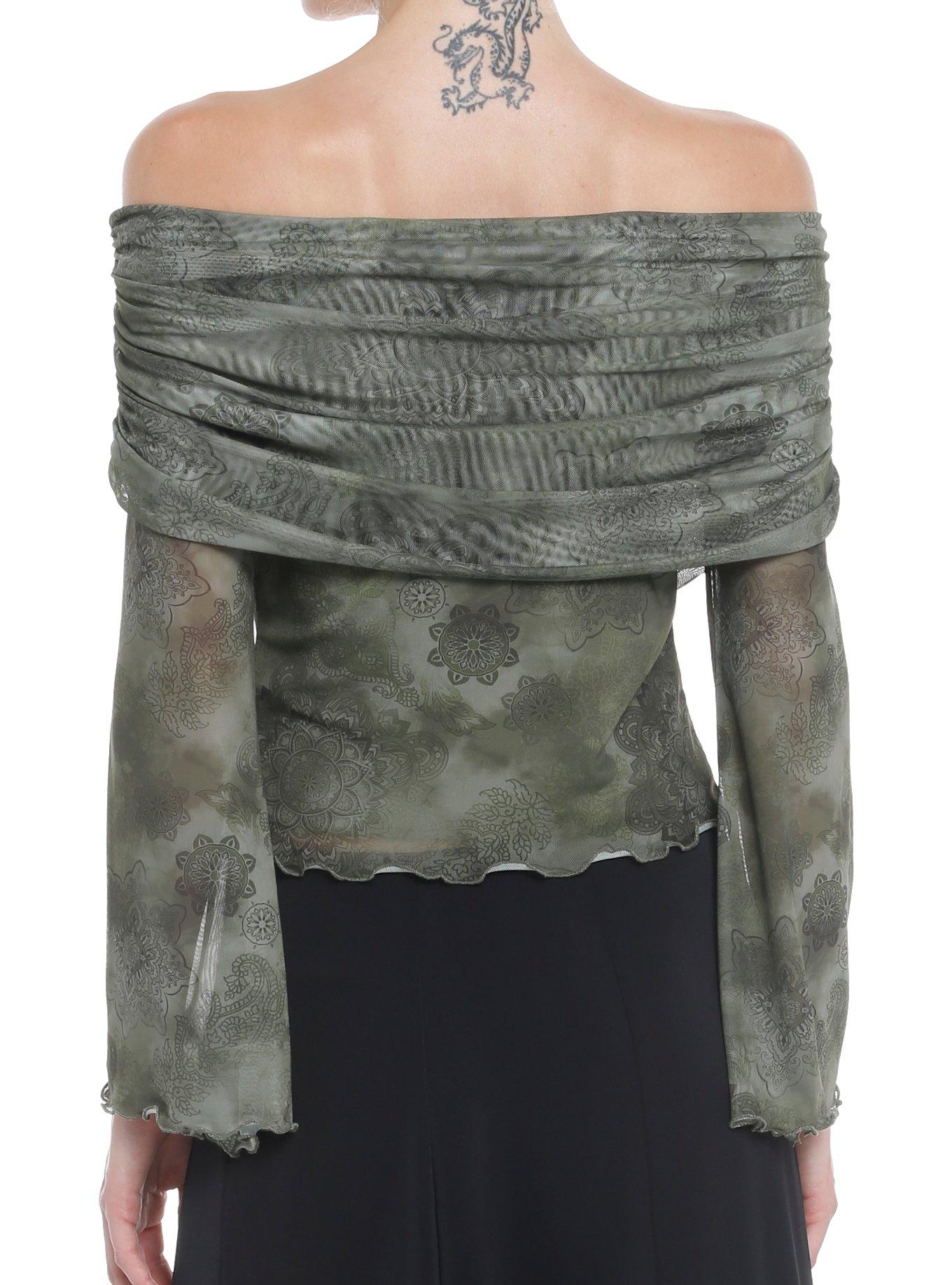 Thorn & Fable Green Mesh Off-The-Shoulder Girls Long-Sleeve Top, OLIVE, alternate