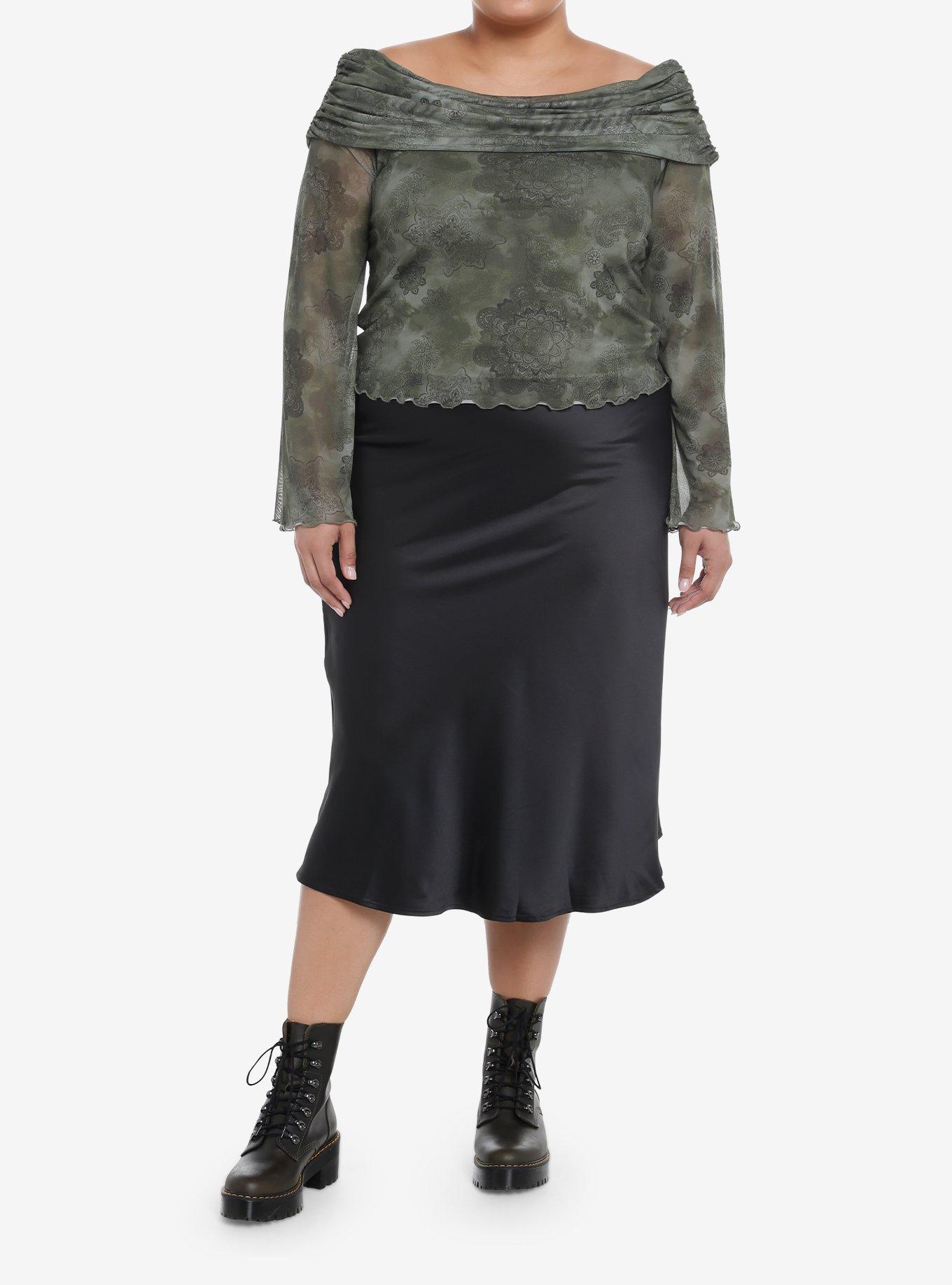 Thorn & Fable Green Mesh Off-The-Shoulder Girls Long-Sleeve Top Plus Size, OLIVE, alternate