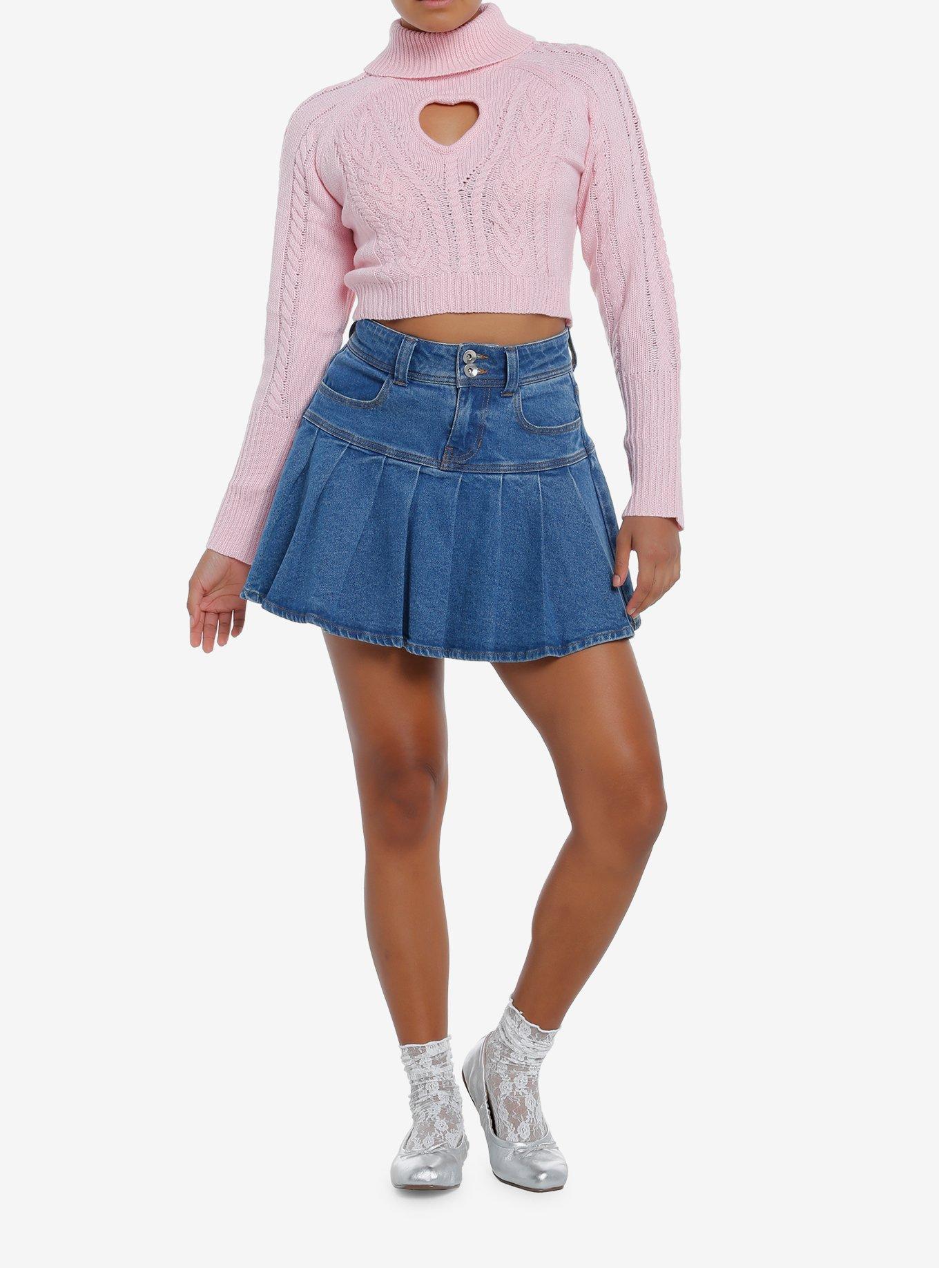 Sweet Society Pastel Pink Cable Knit Heart Girls Turtleneck Sweater, PINK, alternate