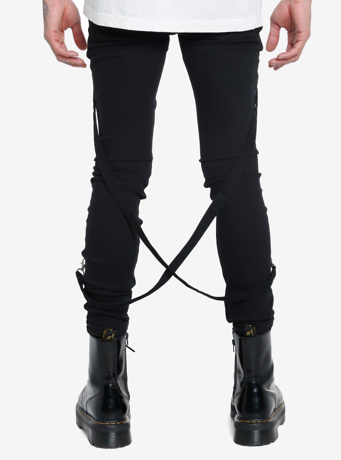 Black Zipper Suspender Straps Stinger Jeans, BLACK, alternate