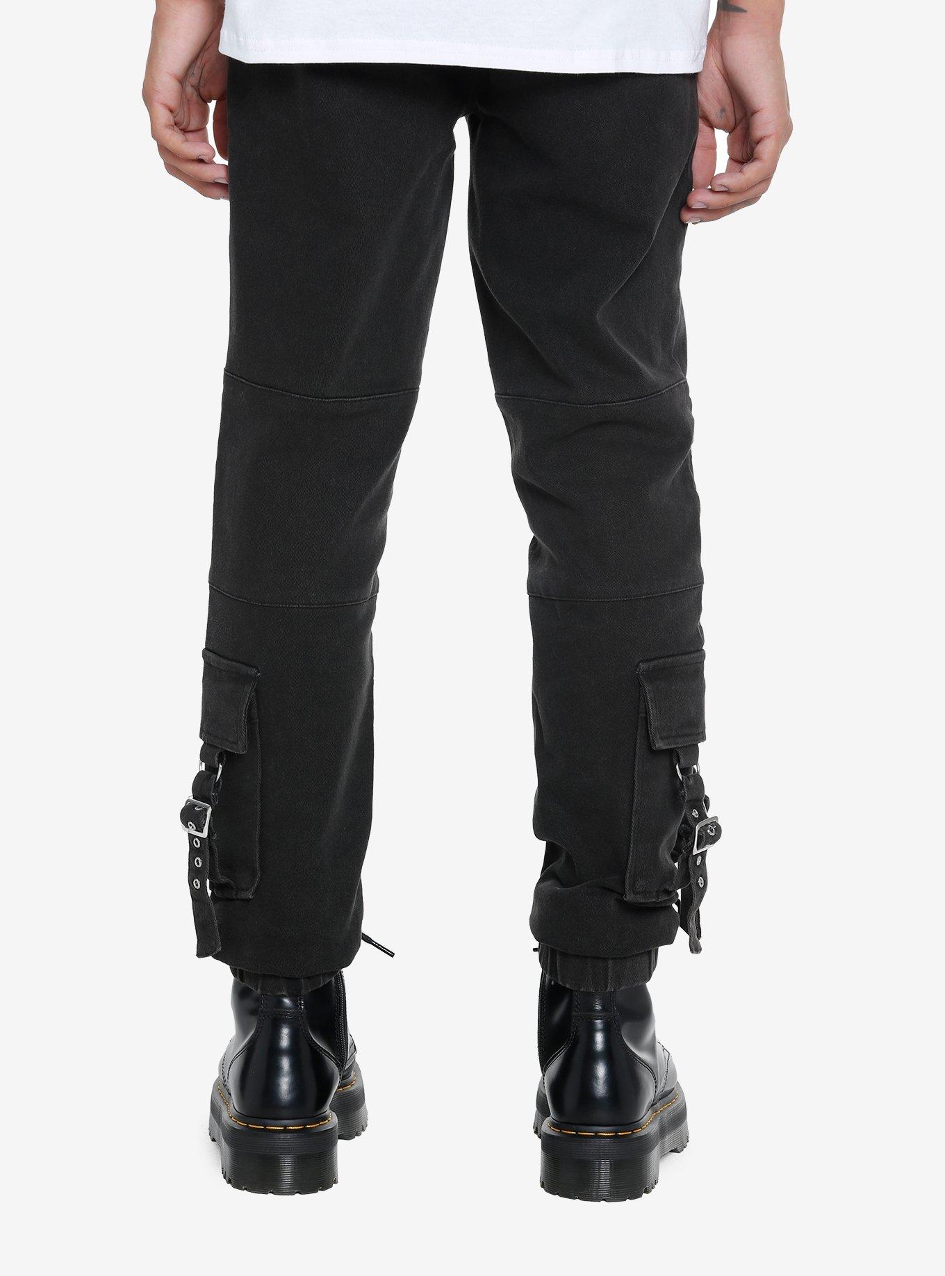 Black Grommet Straps & Zippers Jogger Pants, BLACK, alternate