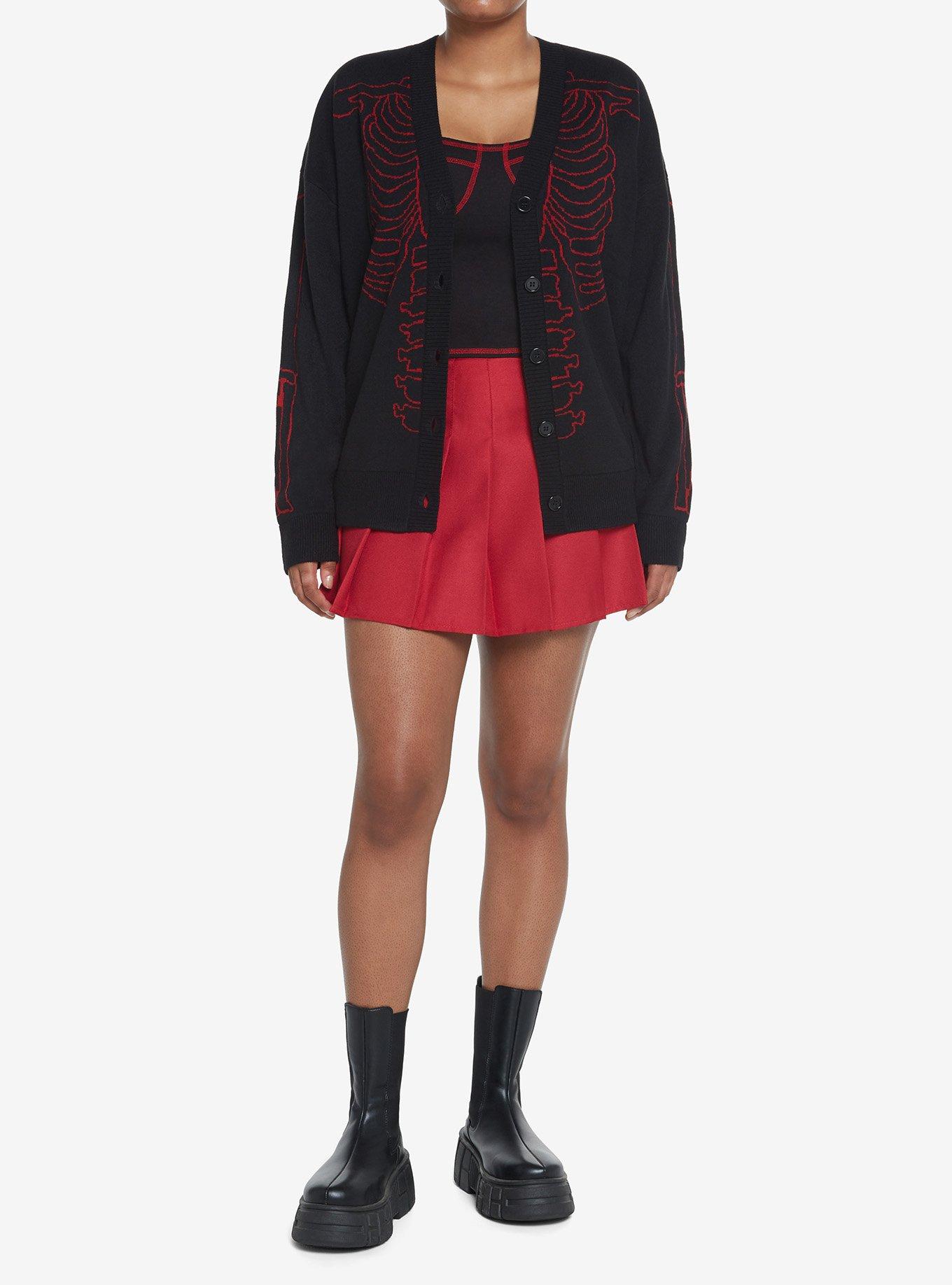 Social Collision Red & Black Rib Cage Knit Girls Cardigan, , hi-res