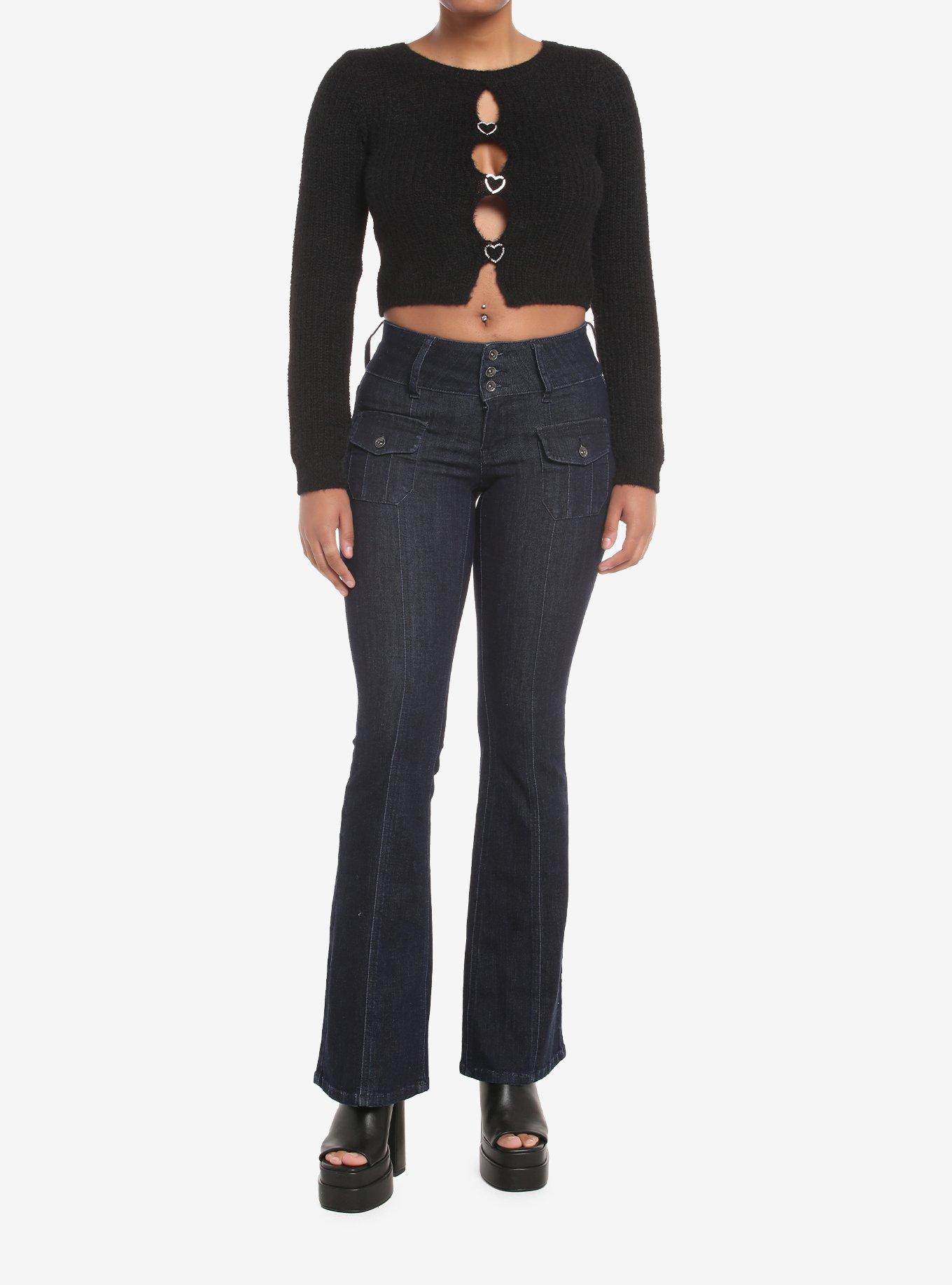 Black Fuzzy Heart Bling Cut-Out Girls Crop Sweater, IVORY, alternate