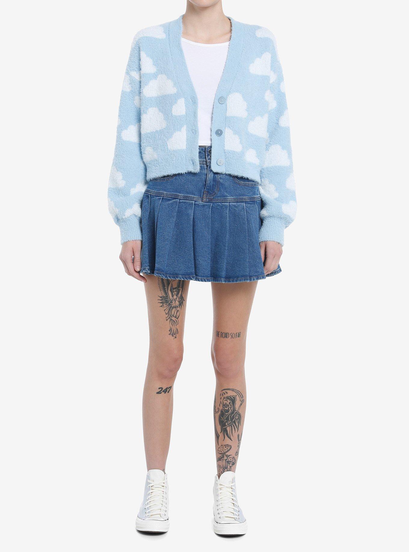 Pastel Blue Clouds Fuzzy Girls Crop Cardigan, FLUFFY CLOUD, alternate