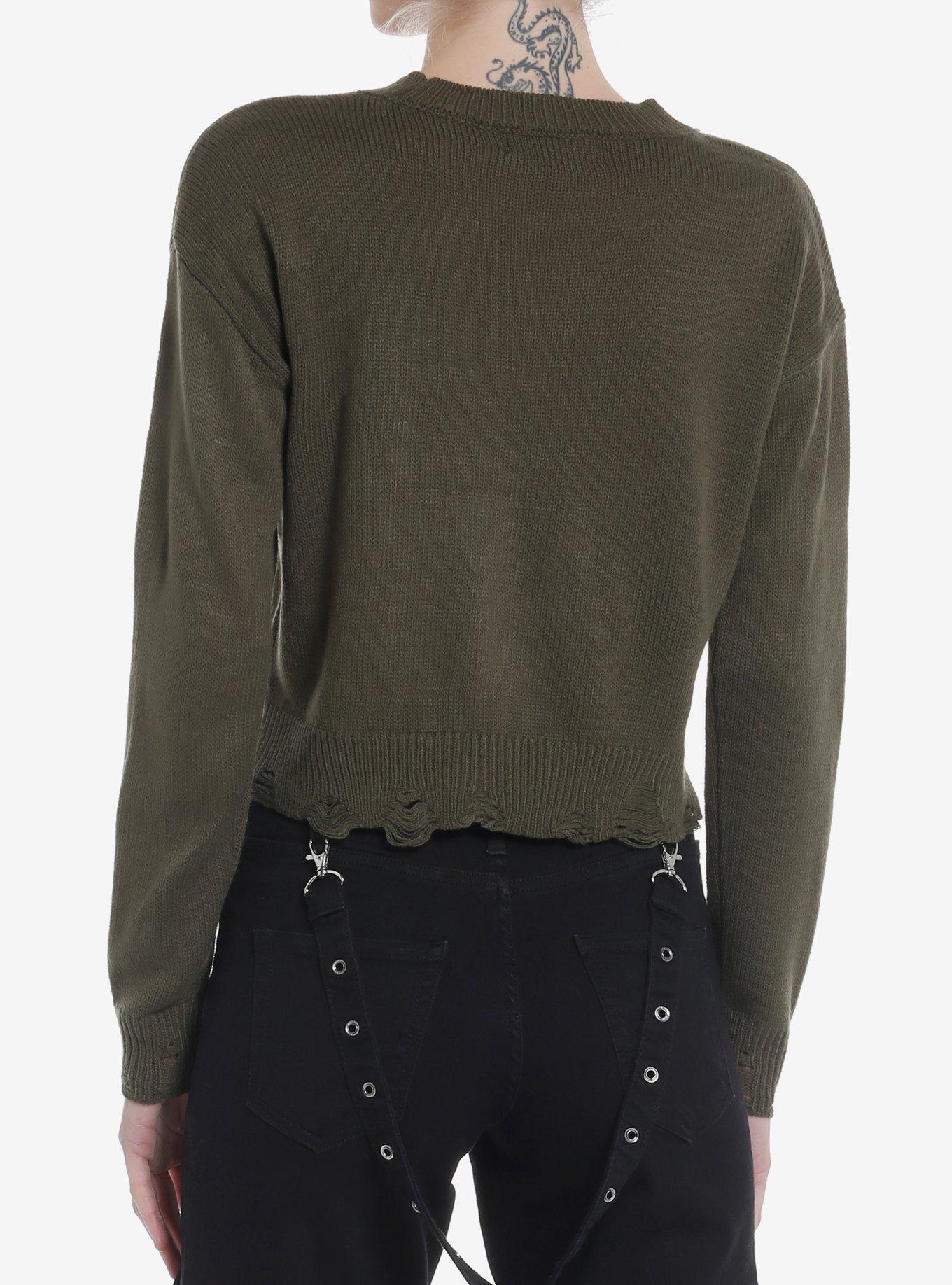 Mushroom Destructed Girls Crop Sweater, OLIVE, alternate
