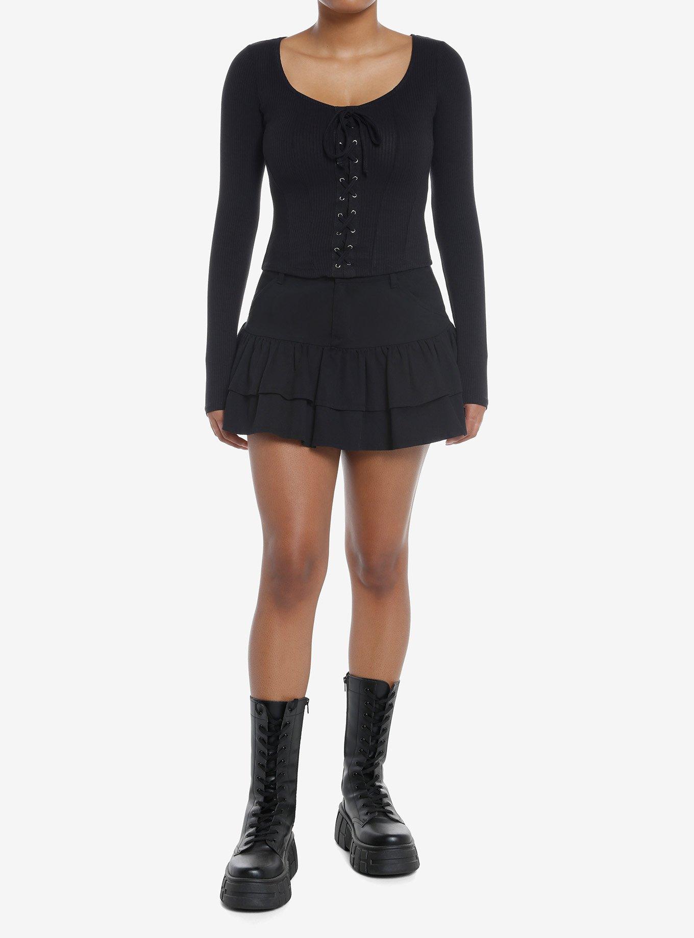 Black Lace-Up Ribbed Girls Long-Sleeve Top