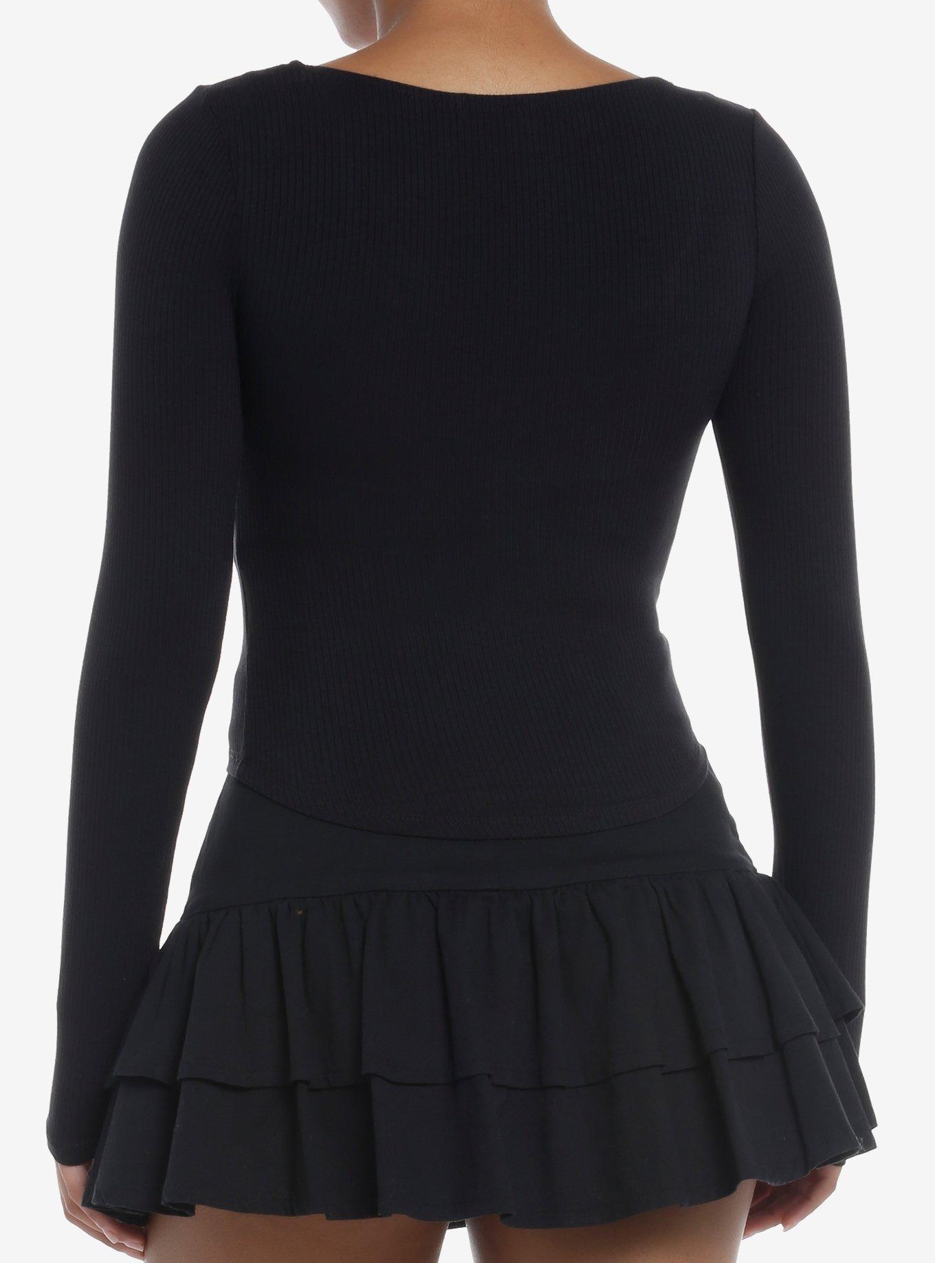 Black Lace-Up Ribbed Girls Long-Sleeve Top