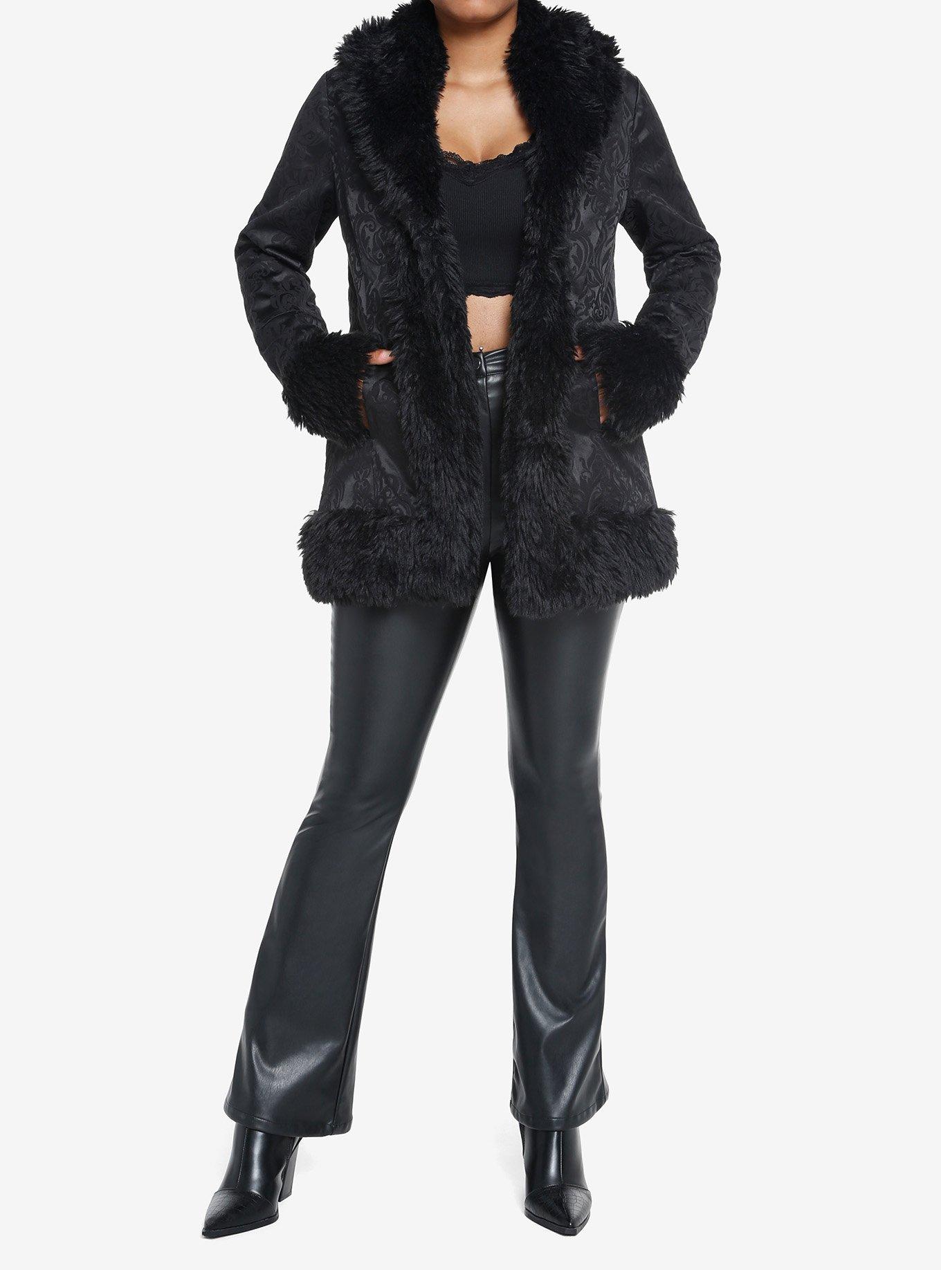 Cosmic Aura Black Brocade Faux Fur Trim Girls Jacket, BLACK, alternate