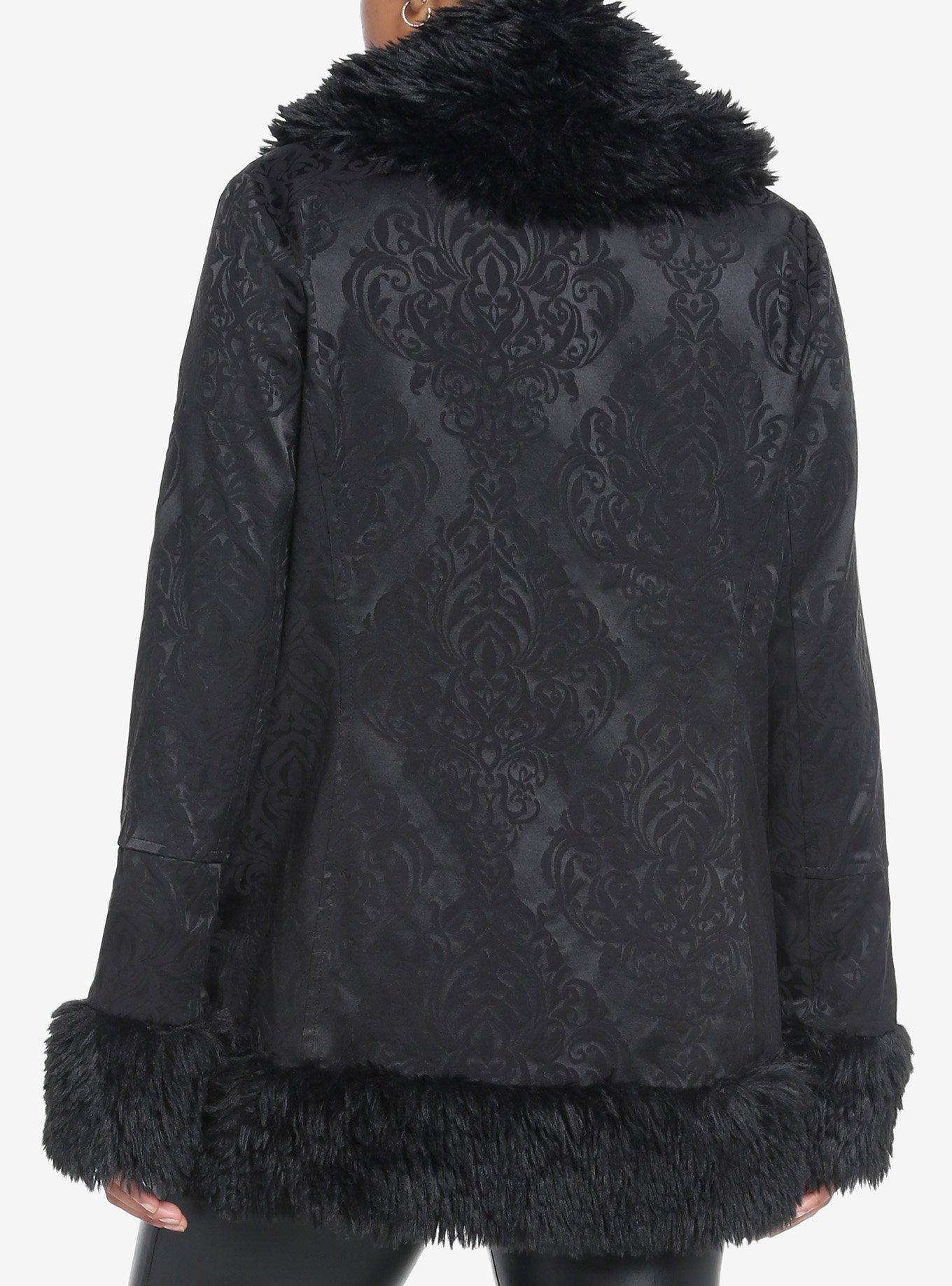Cosmic Aura Black Brocade Faux Fur Trim Girls Jacket, BLACK, alternate