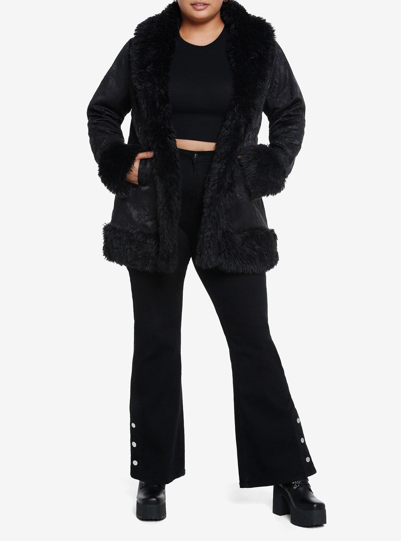 Cosmic Aura Black Brocade Faux Fur Trim Girls Jacket Plus Size, , hi-res