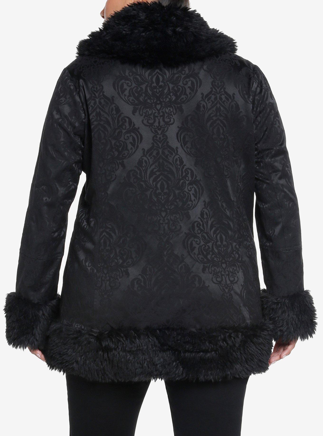 Cosmic Aura Black Brocade Faux Fur Trim Girls Jacket Plus Size, BLACK, alternate