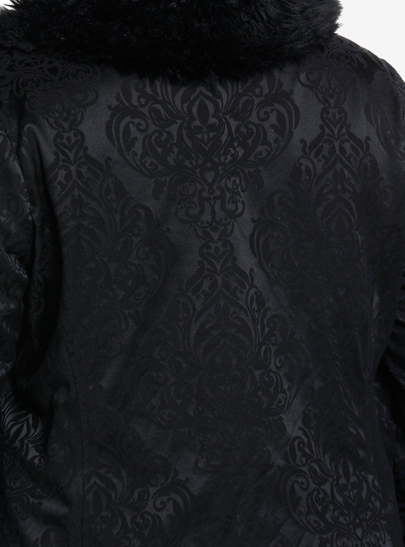 Cosmic Aura Black Brocade Faux Fur Trim Girls Jacket Plus Size, BLACK, alternate