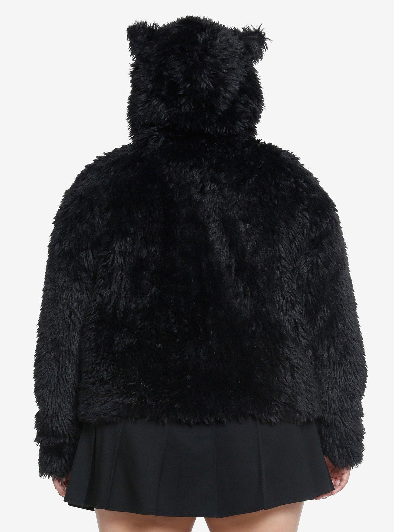 Cosmic Aura Black Cat Grommet Faux Fur Girls Jacket Plus Size, BLACK, alternate