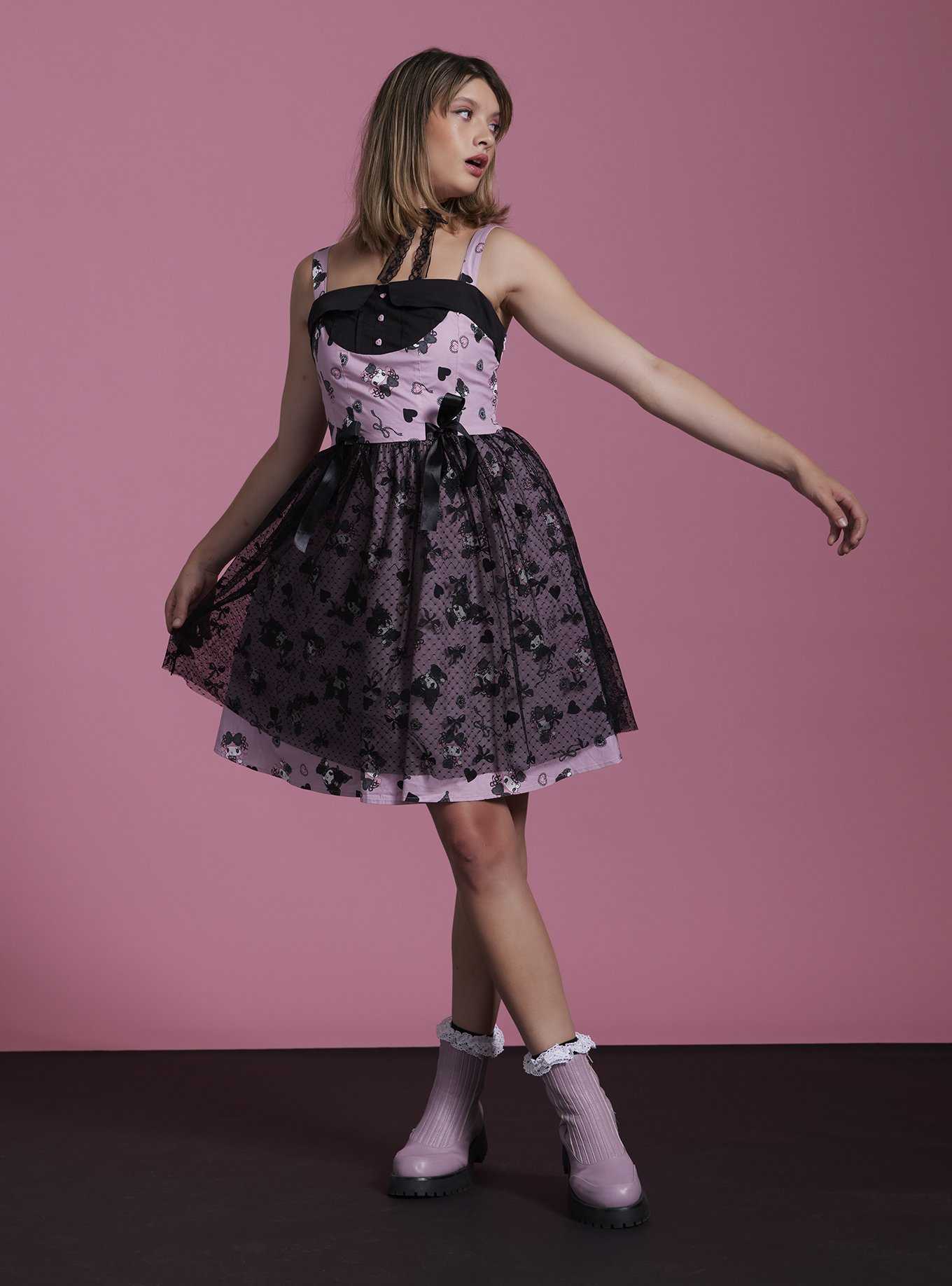 My Melody & Kuromi Lolita Mesh Lace-Up Dress, , hi-res