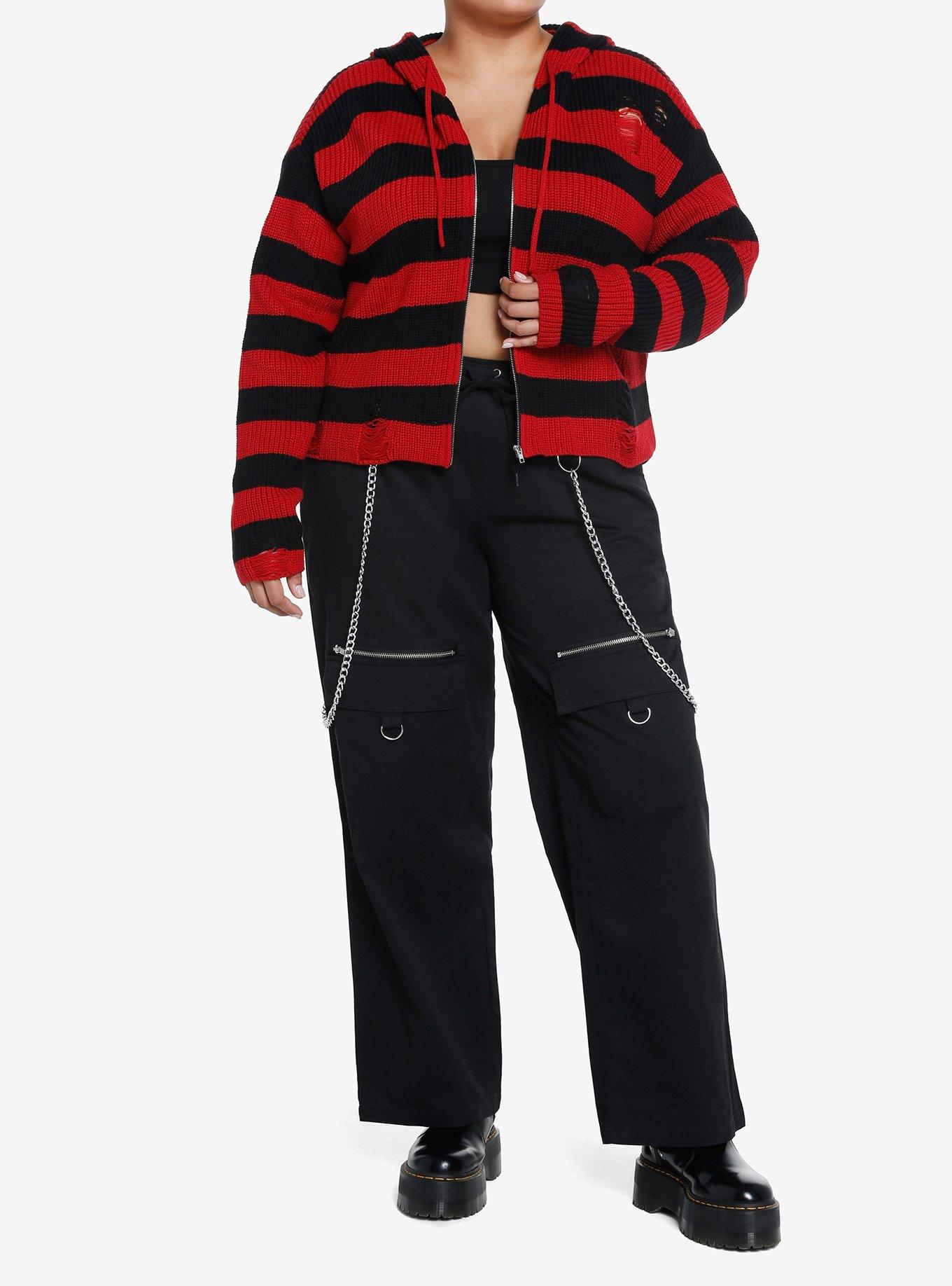 Social Collision Red & Black Distressed Girls Knit Hoodie Plus Size, RED, alternate