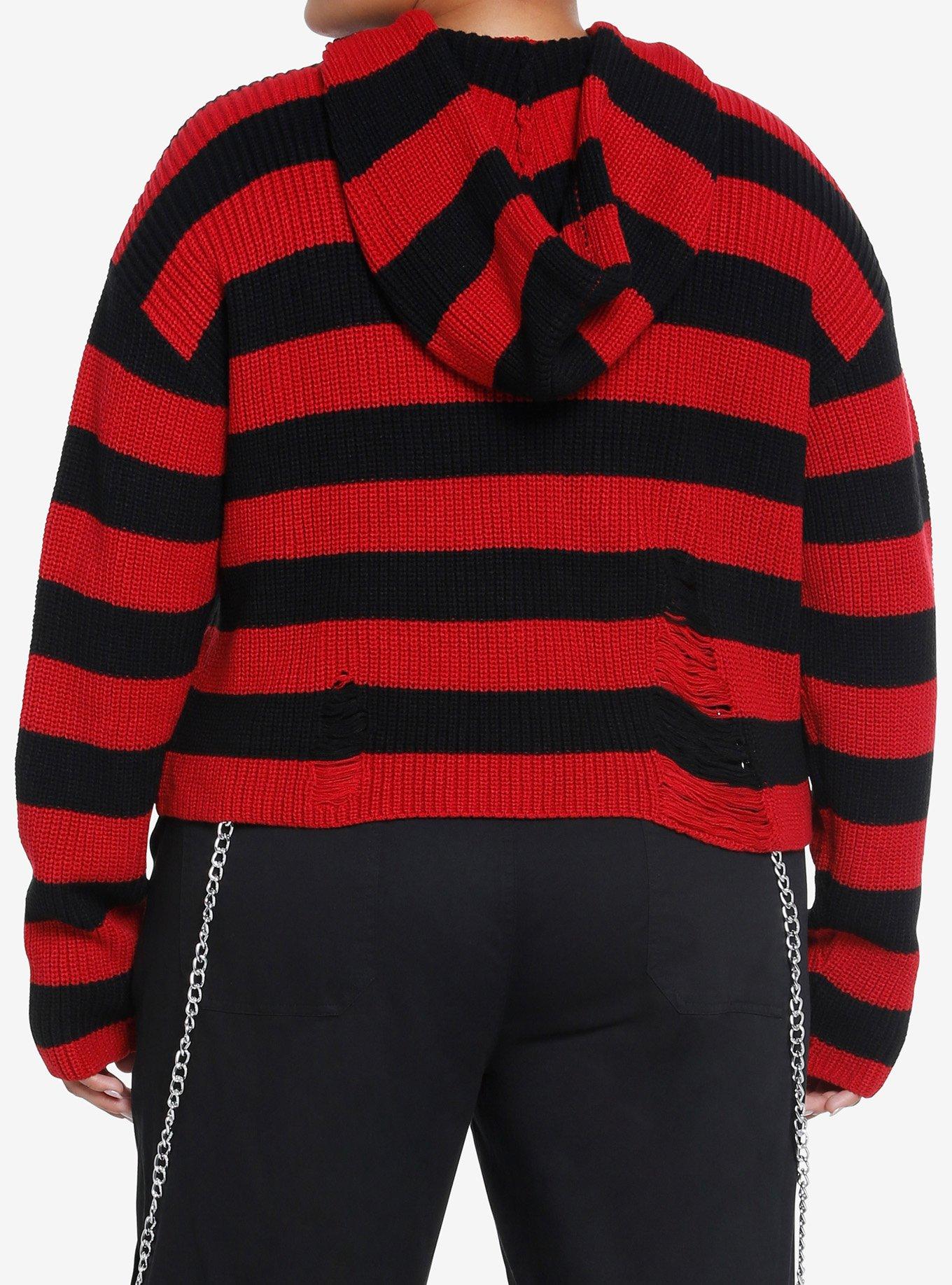 Social Collision Red & Black Distressed Girls Knit Hoodie Plus Size, RED, alternate