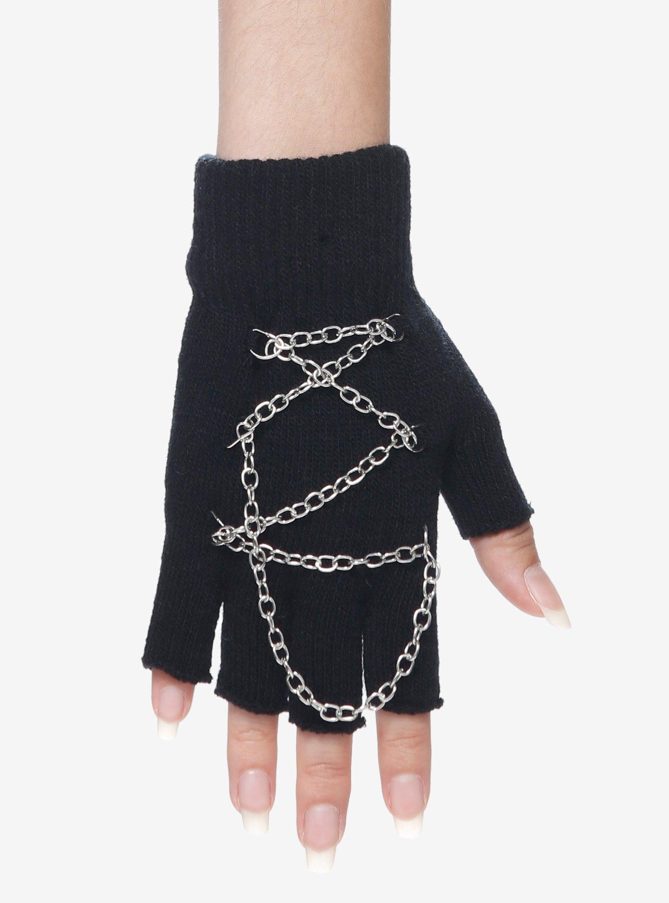Chain Lace-Up Fingerless Gloves, , alternate