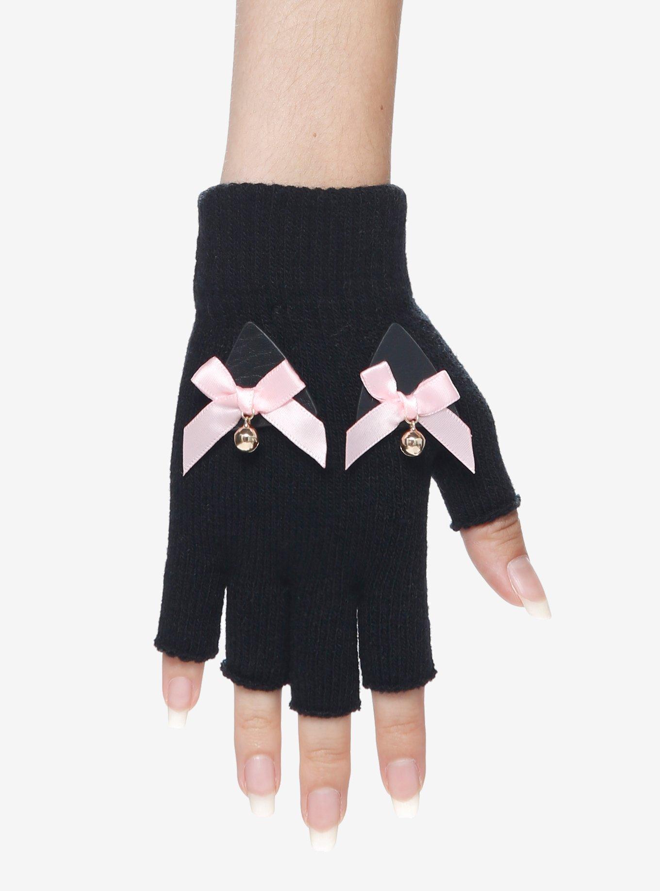 Cat Ear Bell Bows Fingerless Gloves, , alternate