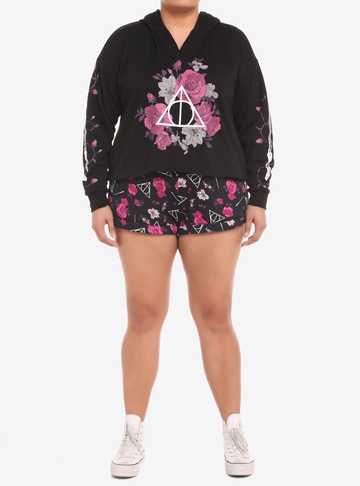 Harry Potter Deathly Hallows Floral Crop Hoodie Plus Size Her