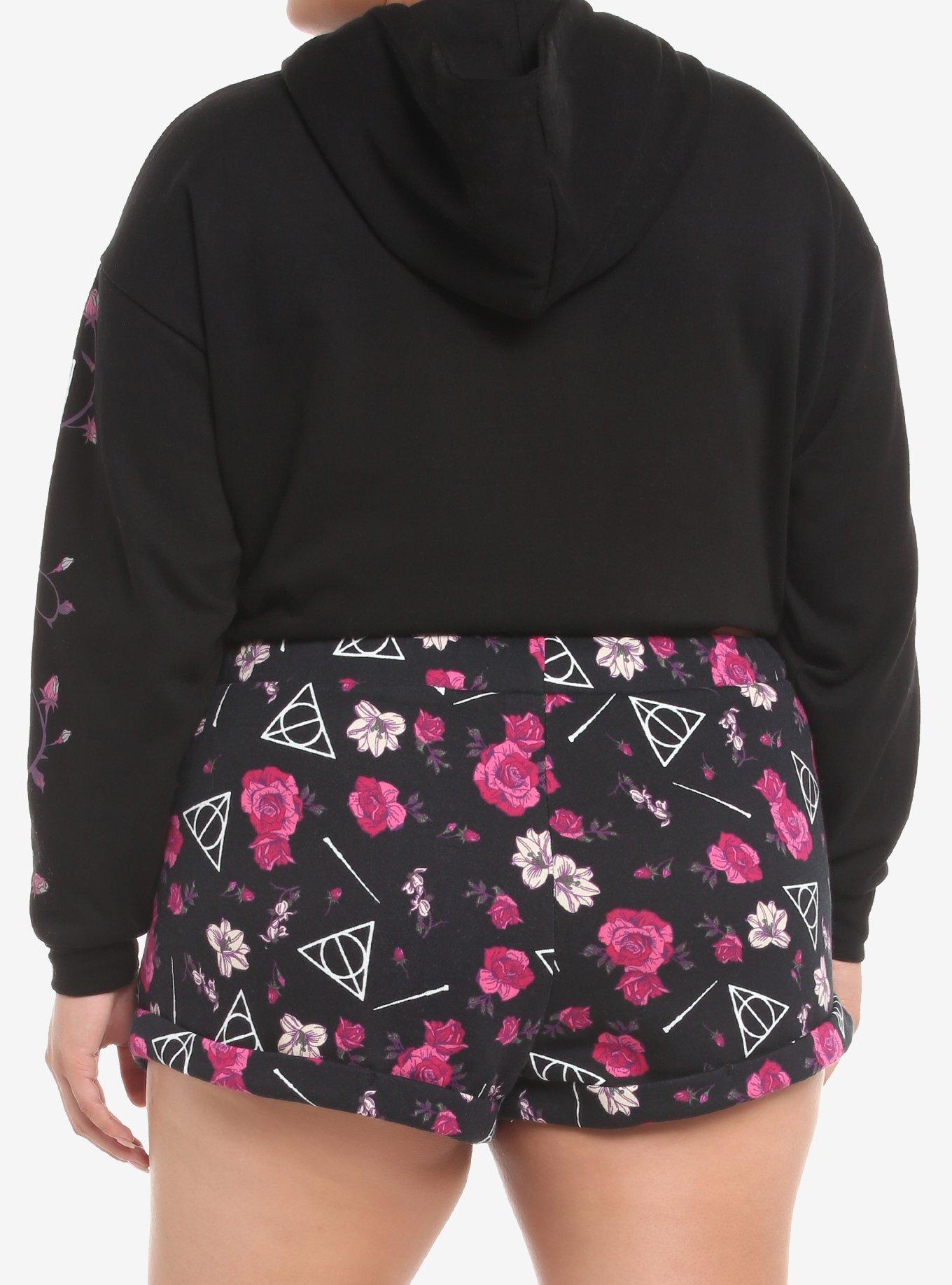 Harry Potter Deathly Hallows Floral Crop Hoodie Plus Size, BLACK FLORAL, alternate
