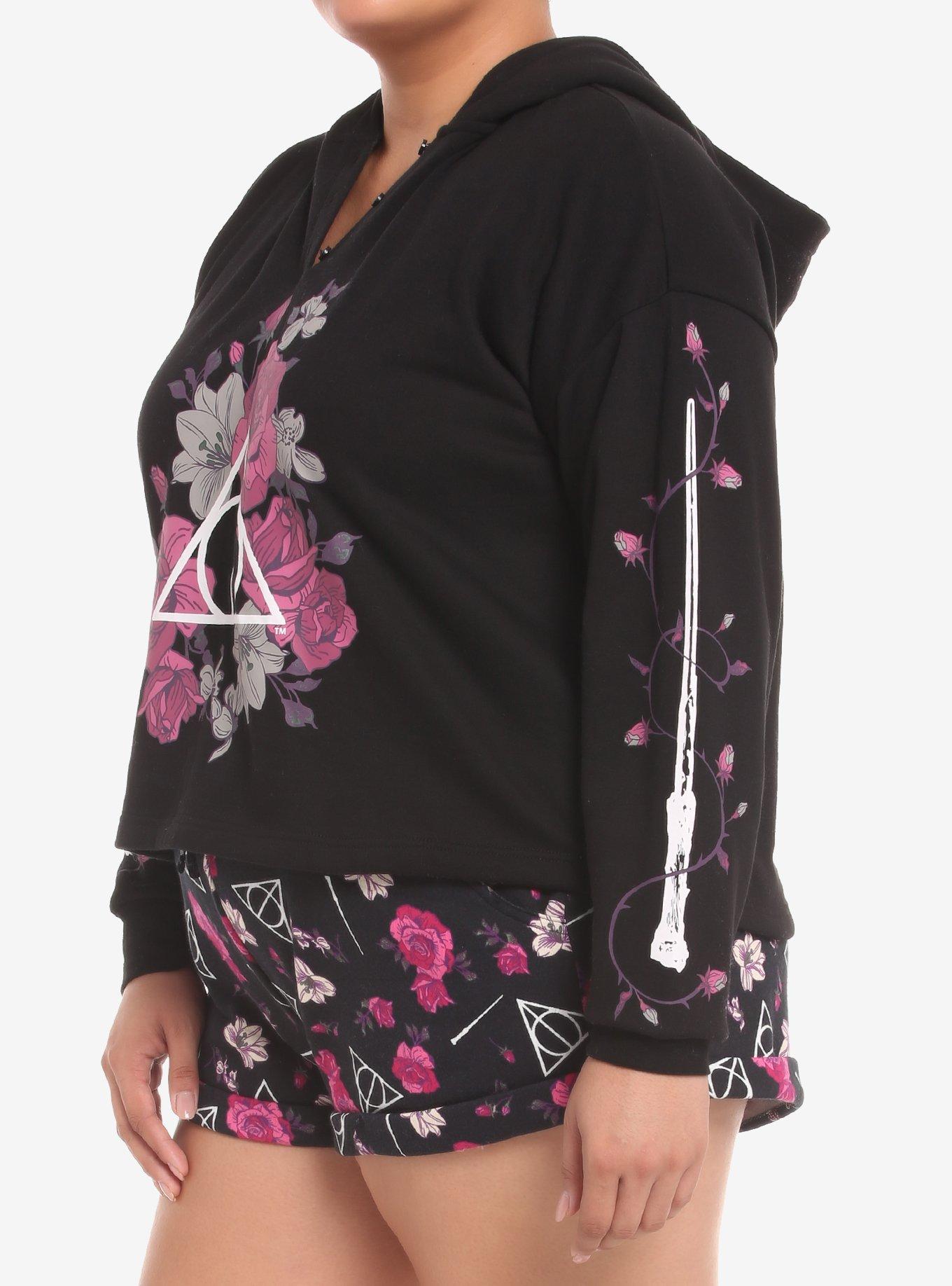 Harry Potter Deathly Hallows Floral Crop Hoodie Plus Size, BLACK FLORAL, alternate
