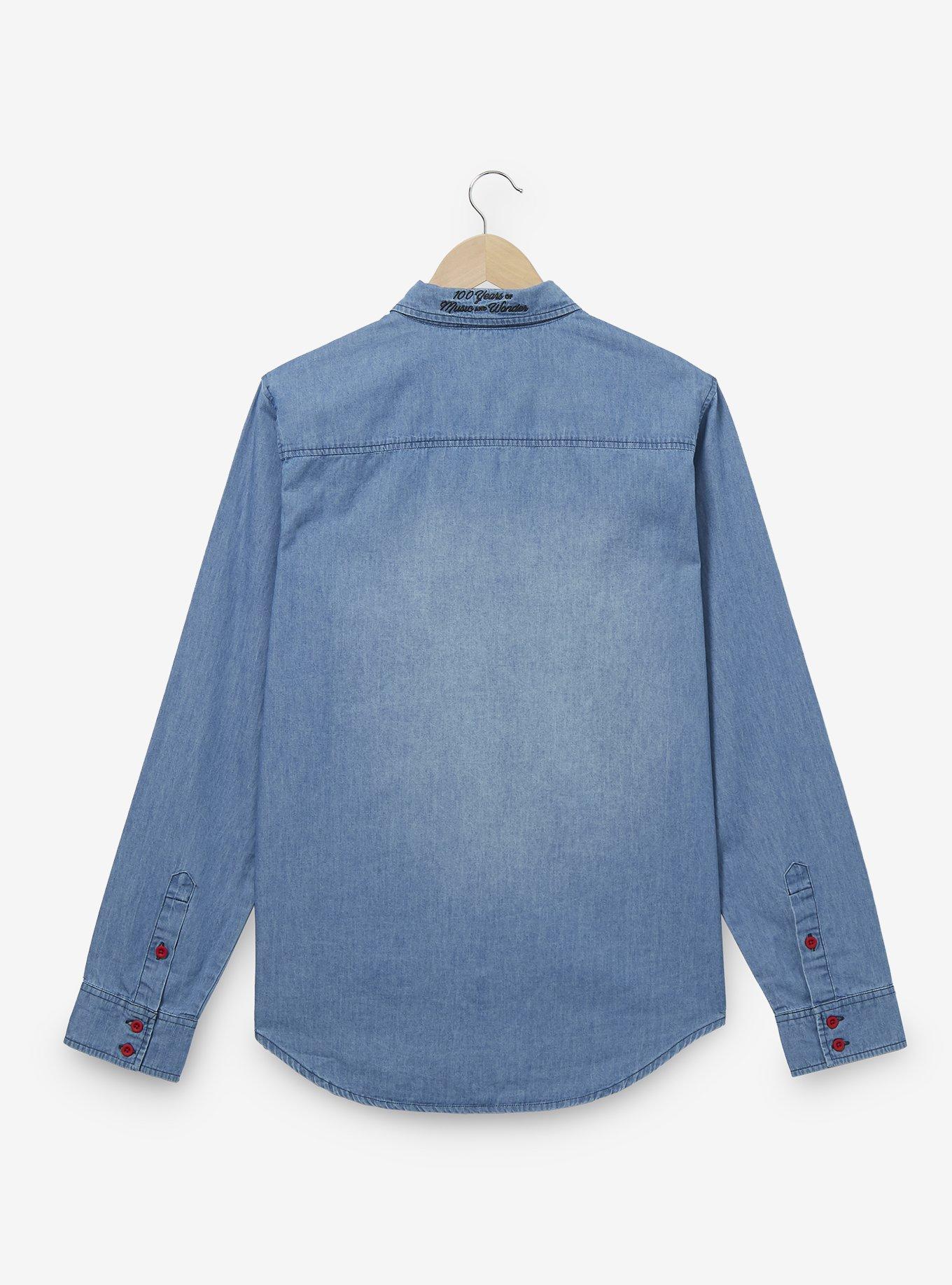 Disney 100 Characters Music Notes Denim Woven Button-Up - BoxLunch Exclusive, LIGHT BLUE, alternate