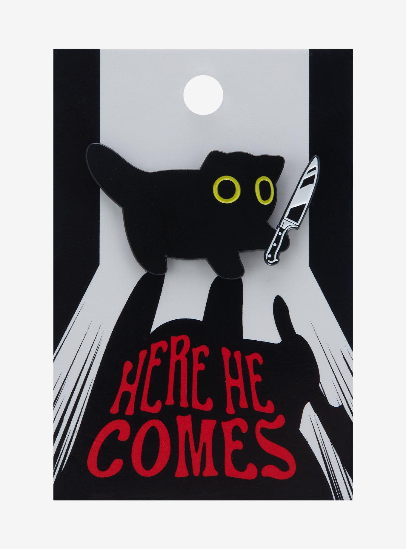 Black Cat With Knife Enamel Pin, , hi-res