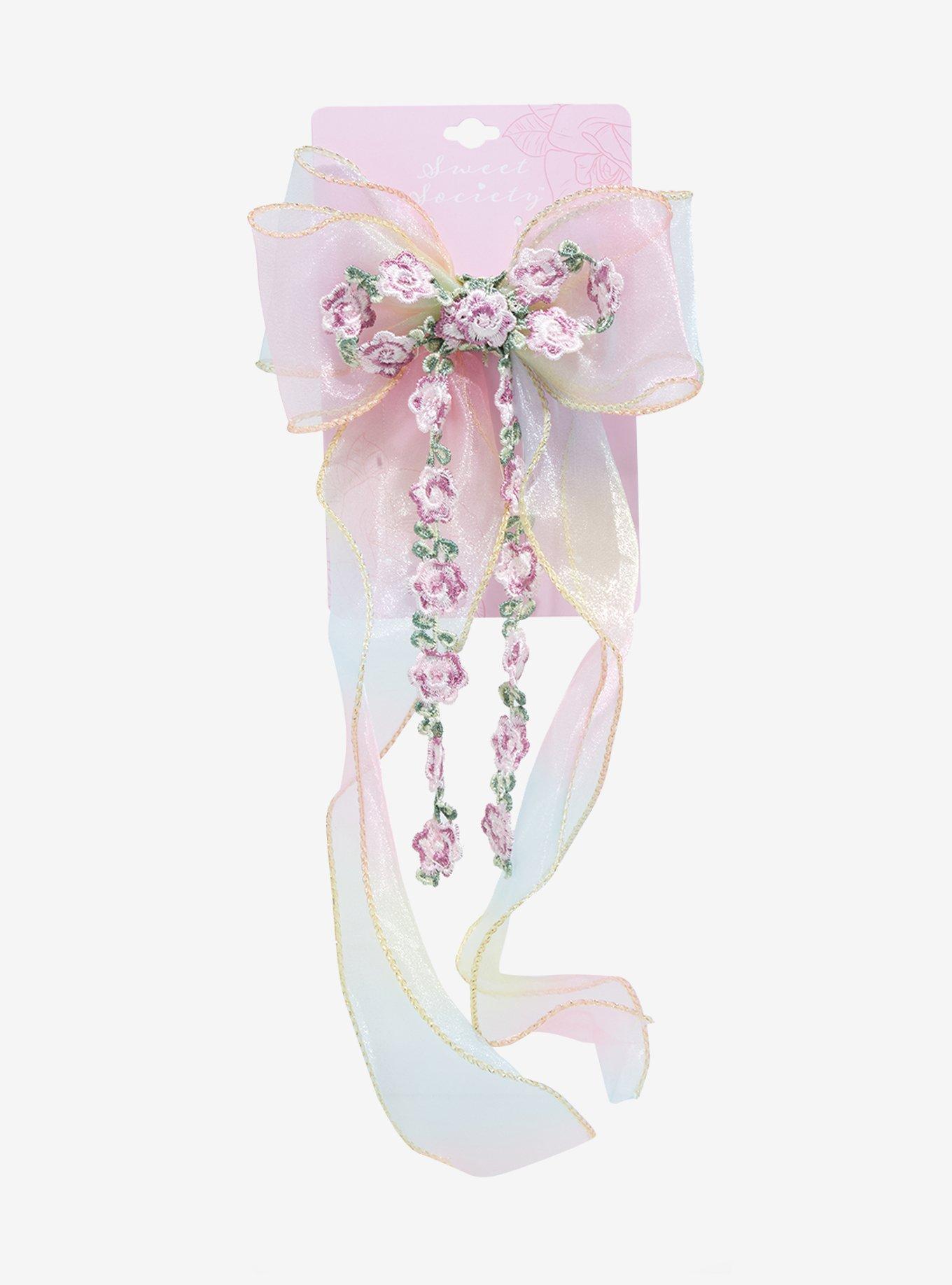 Sweet Society Pastel Rainbow Floral Long Hair Bow, , alternate