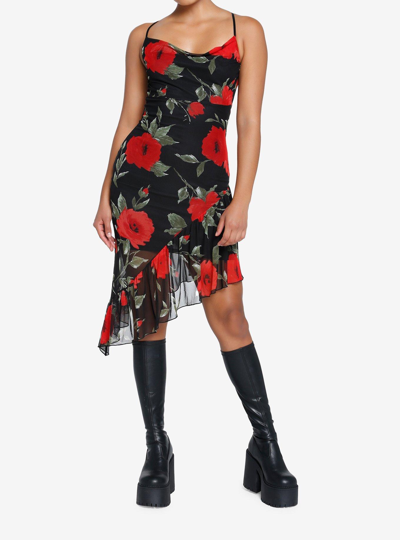 Red Rose Asymmetrical Slip Dress, BLACK, alternate
