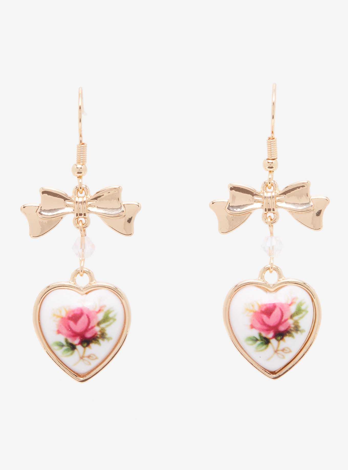 Floral Heart Bow Drop Earrings, , hi-res