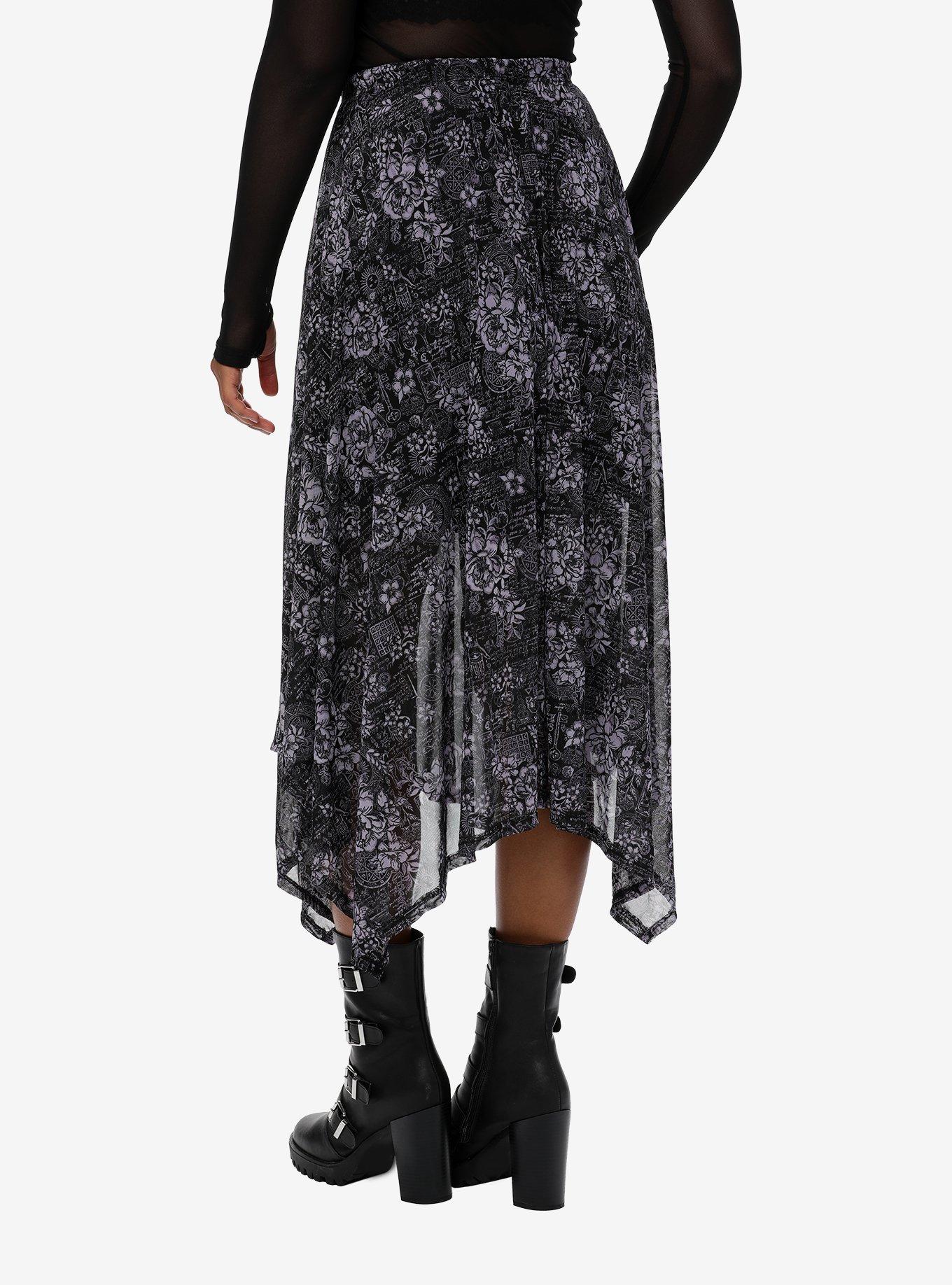 Purple Witch Print Hanky Hem Midi Skirt, , hi-res