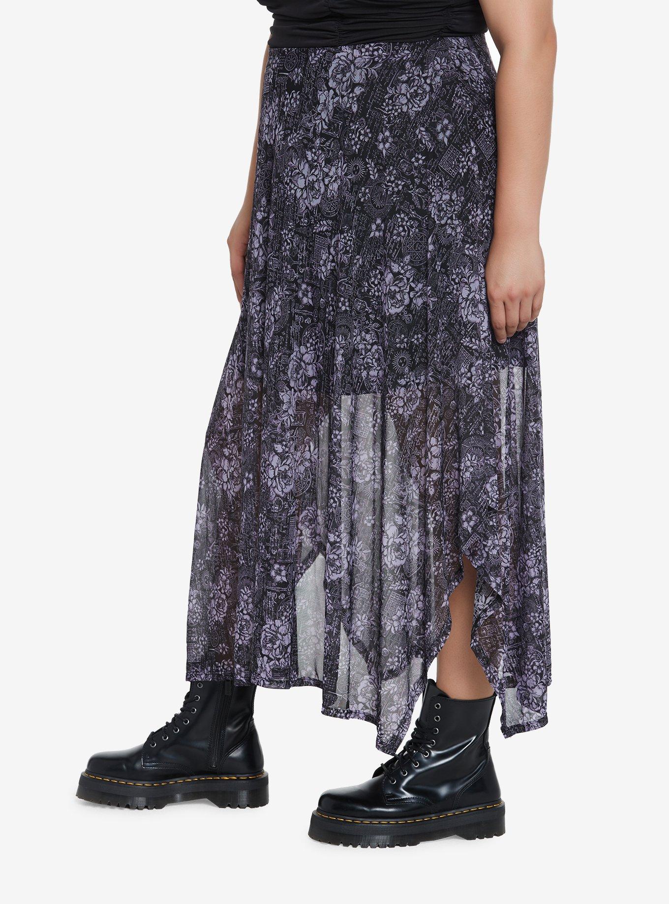 Purple Witch Print Hanky Hem Midi Skirt Plus Size, FLORAL, alternate