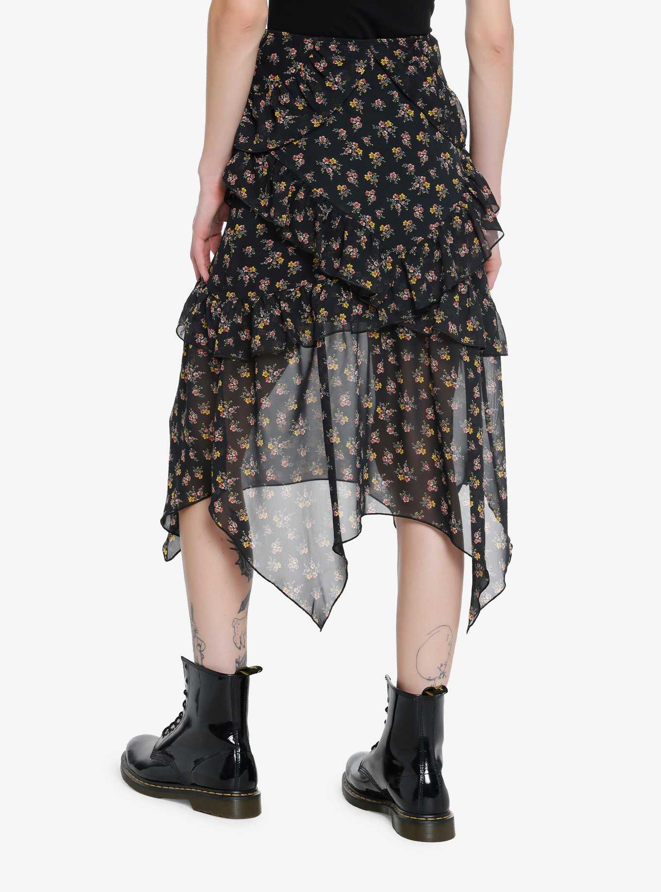 Black Floral Ruffle Hanky Hem Midi Skirt, , hi-res