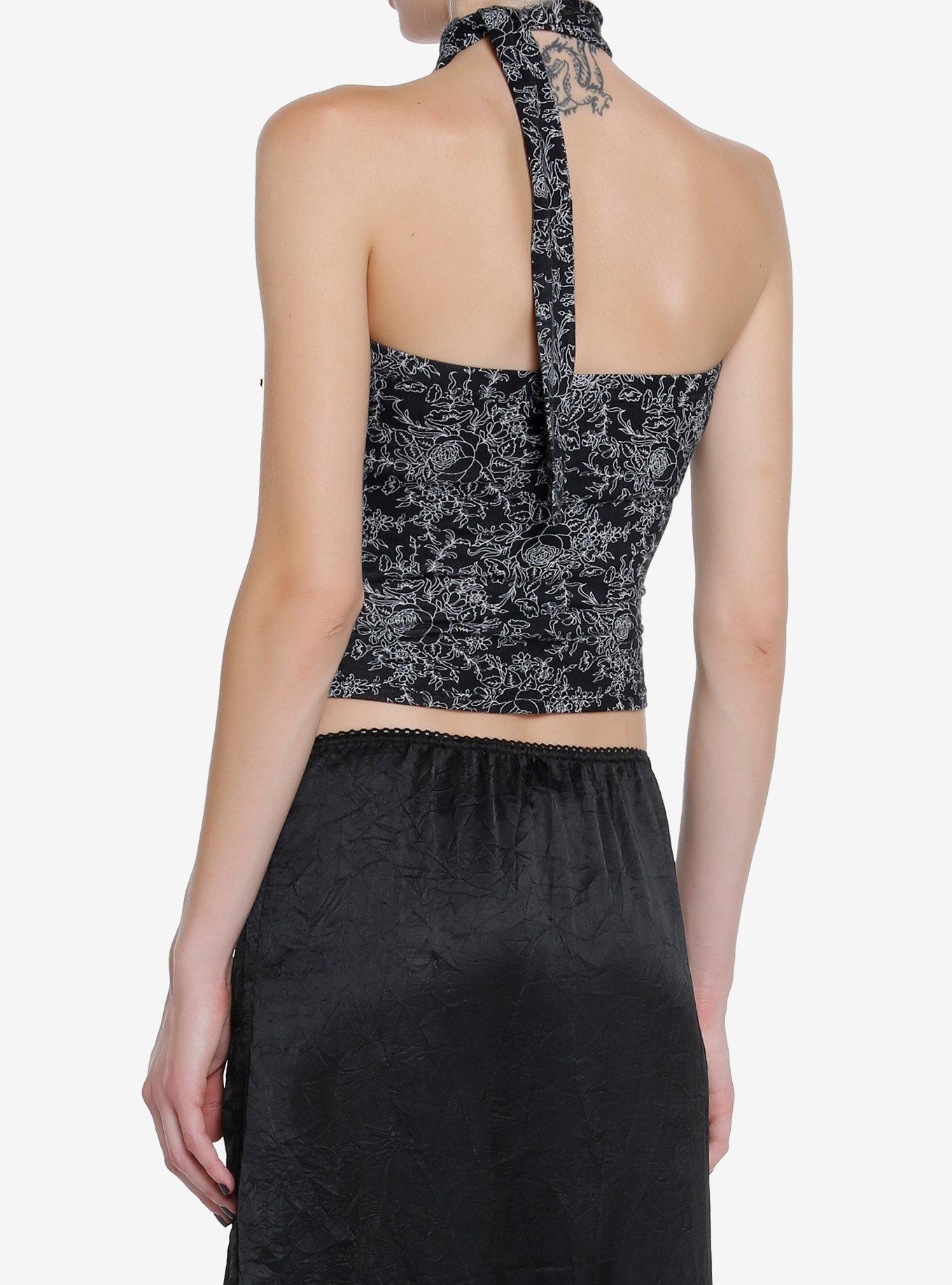 Black & White Floral Neck Wrap Girls Tube Top, BLACK, alternate