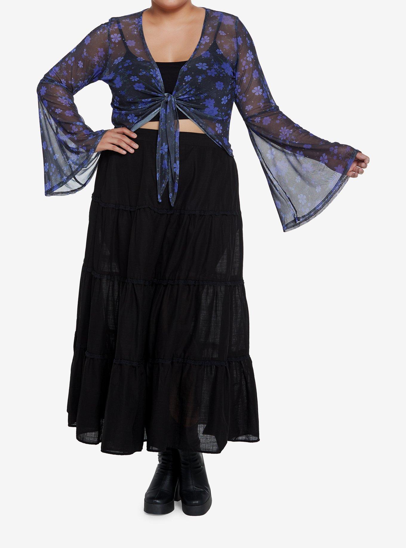 Purple Floral Mesh Girls Bell Sleeve Shrug Plus Size, FLORAL - PURPLE, alternate