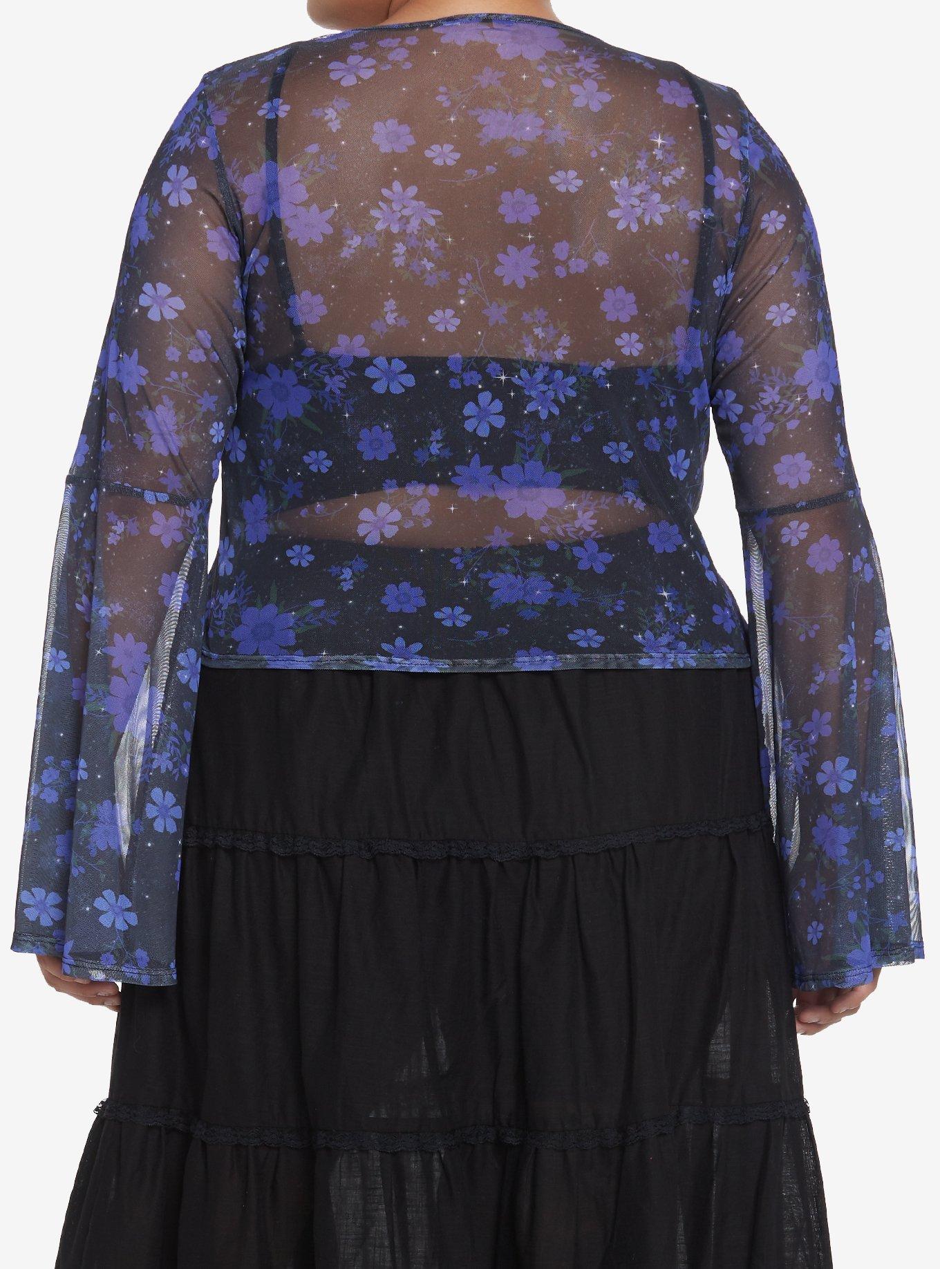 Purple Floral Mesh Girls Bell Sleeve Shrug Plus Size, FLORAL - PURPLE, alternate