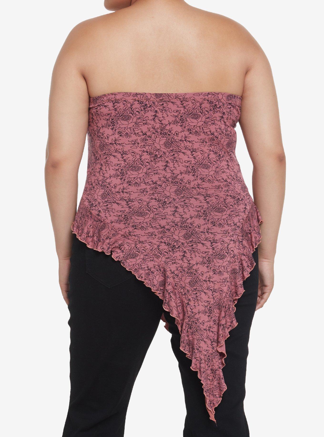 Mauve Floral Pointed Girls Tube Top Plus Size, RED, alternate