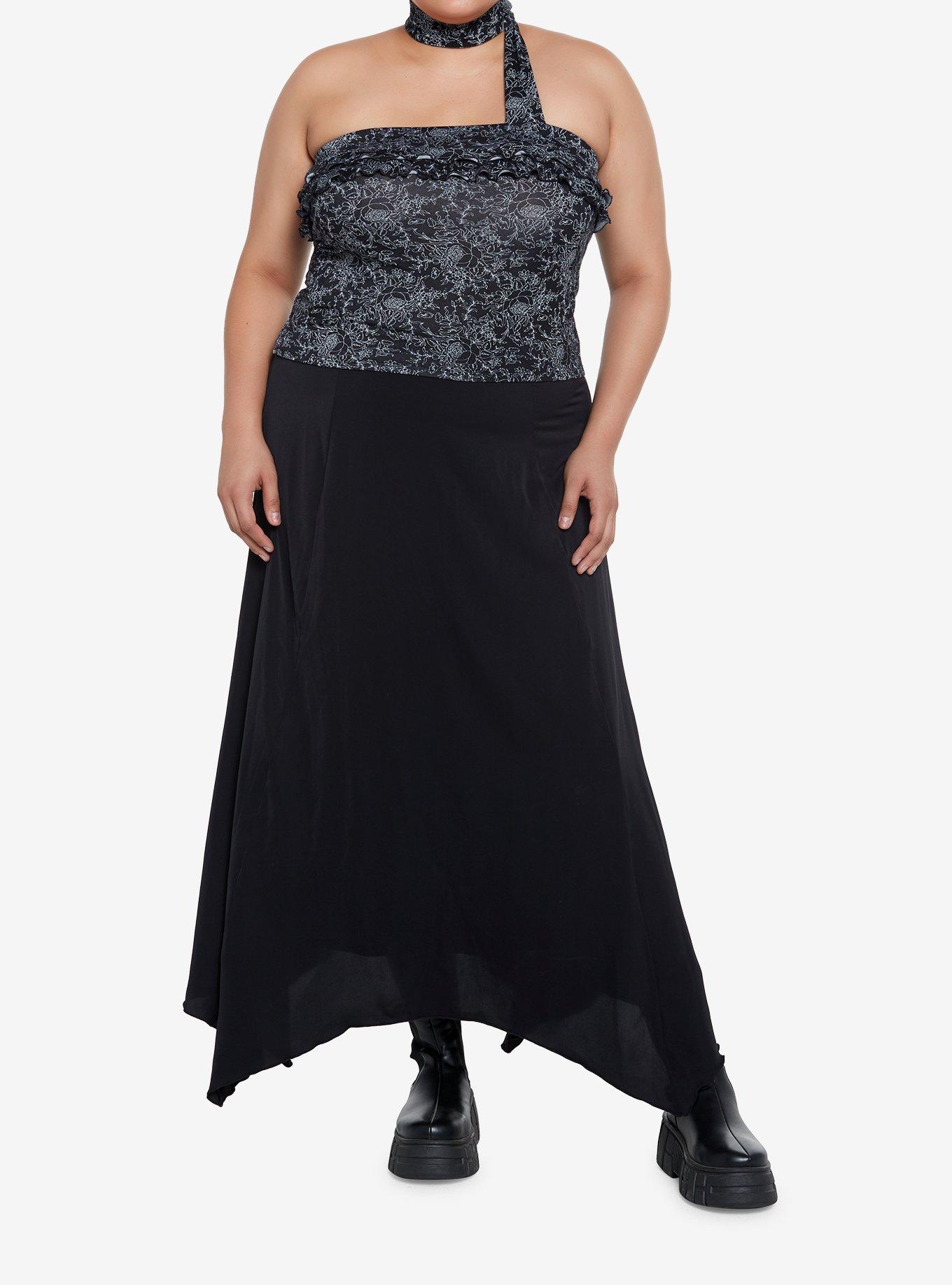 Black & White Floral Neck Wrap Girls Tube Top Plus Size, BLACK, alternate