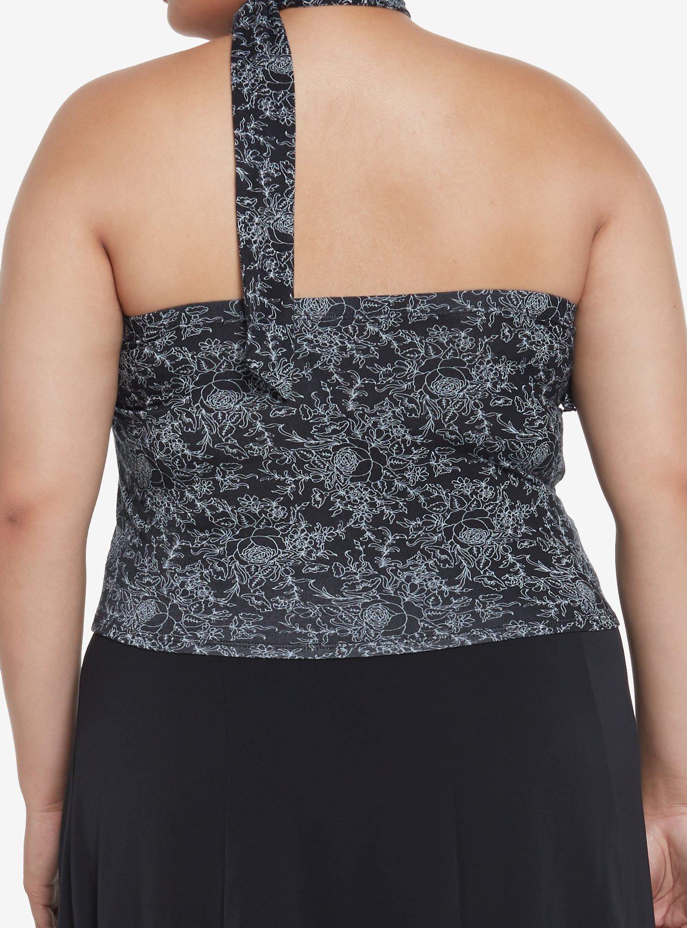 Black & White Floral Neck Wrap Girls Tube Top Plus Size, BLACK, alternate