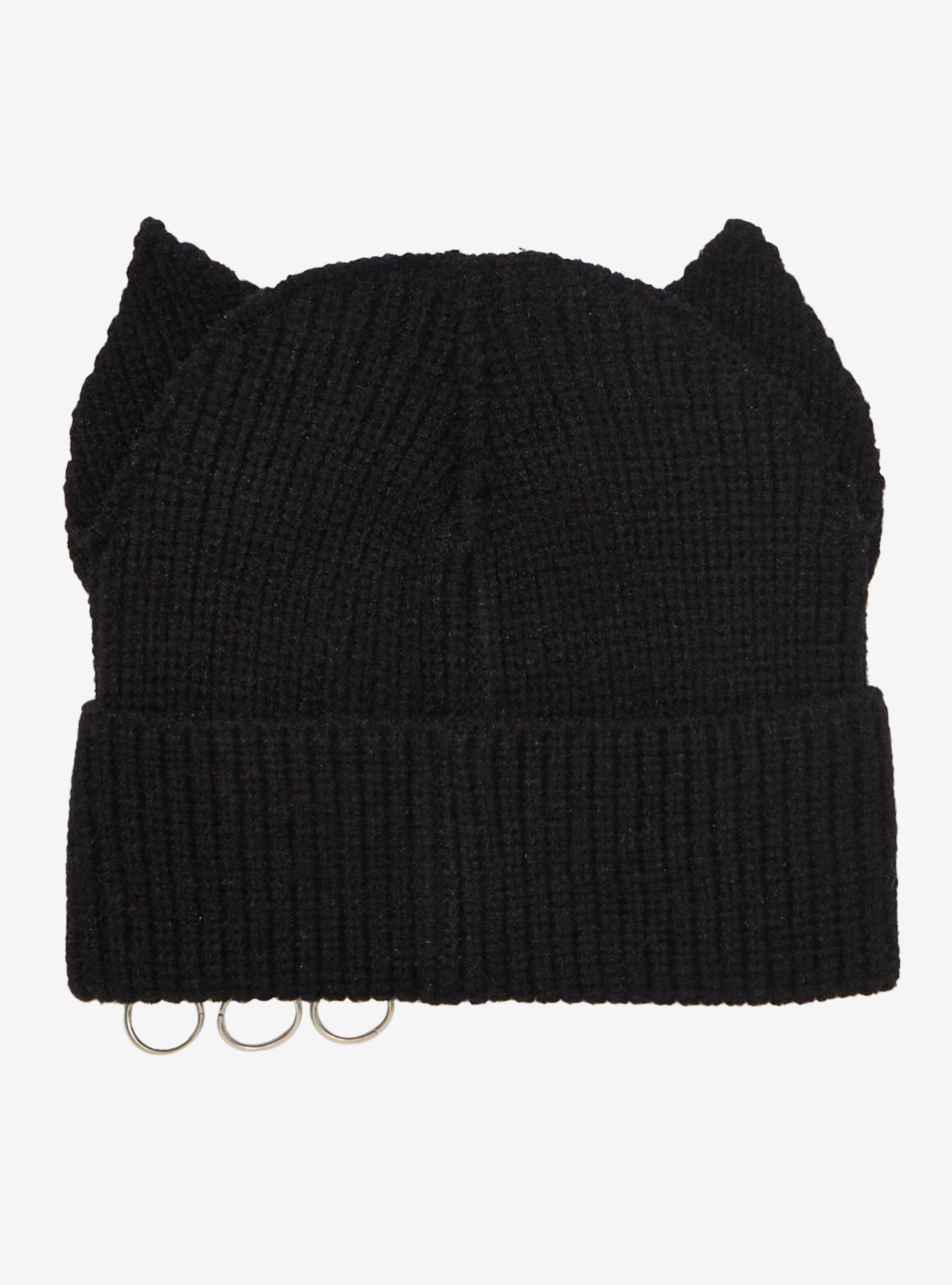 Black Cat Ear Pierced Knit Beanie, , hi-res