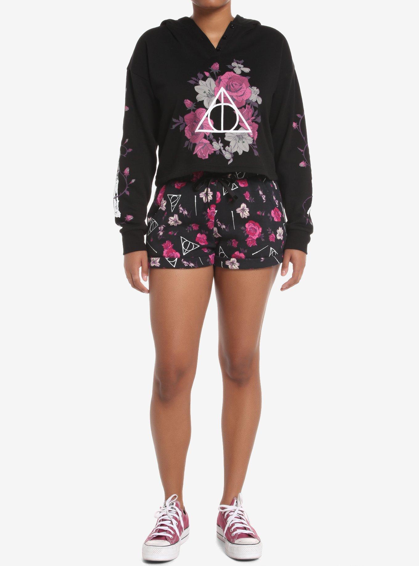 Harry Potter Deathly Hallows Floral Lounge Shorts, BLACK, alternate