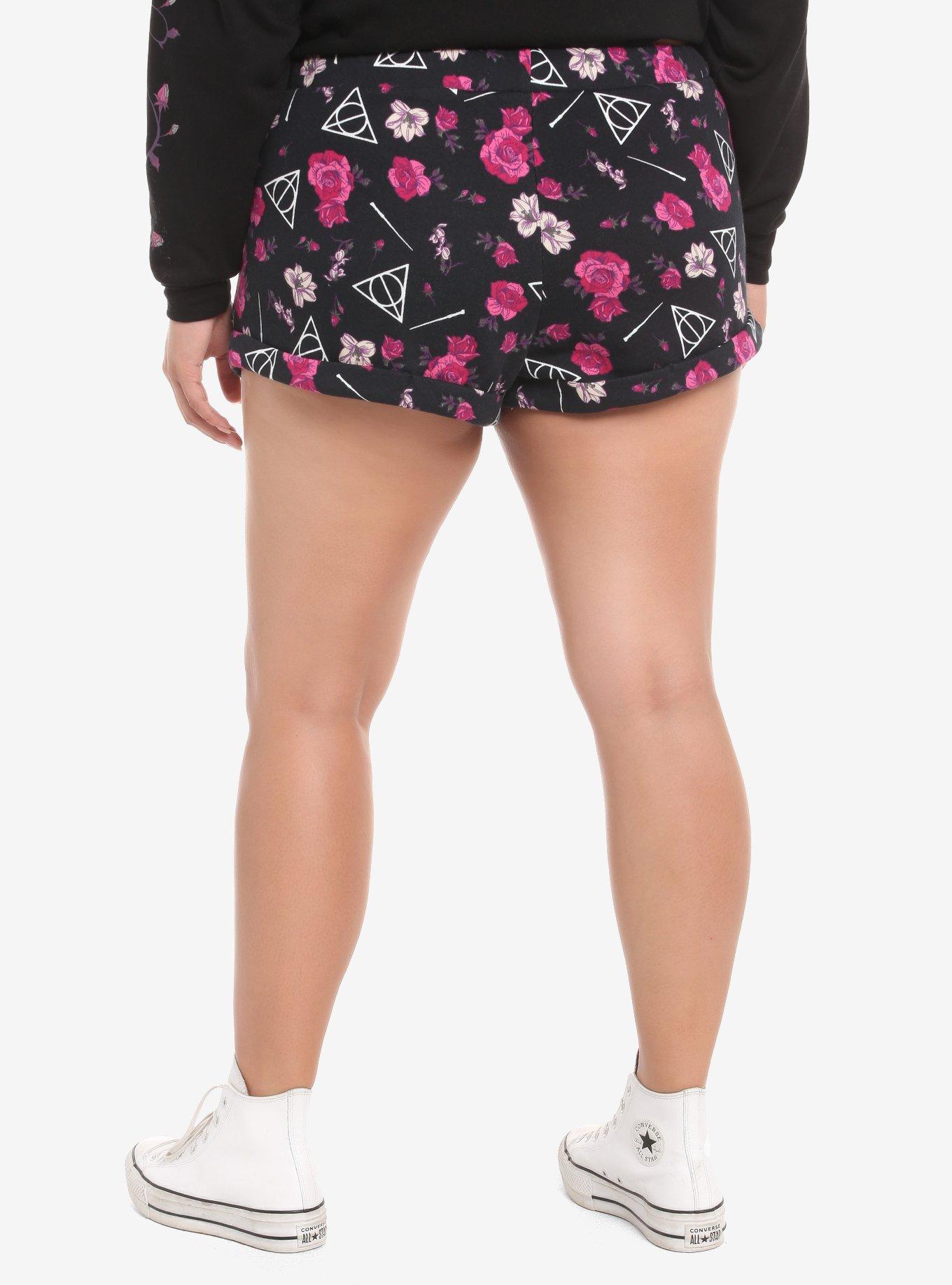 Harry Potter Deathly Hallows Floral Lounge Shorts Plus Size, BLACK, alternate