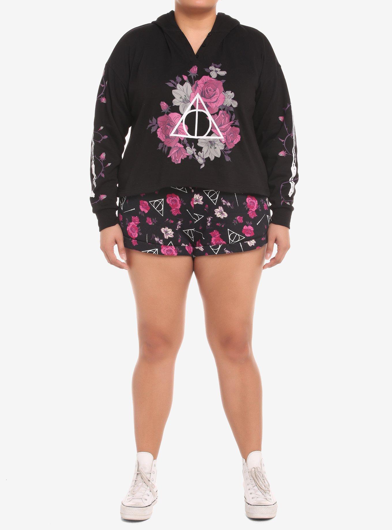 Harry Potter Deathly Hallows Floral Lounge Shorts Plus Size, BLACK, alternate