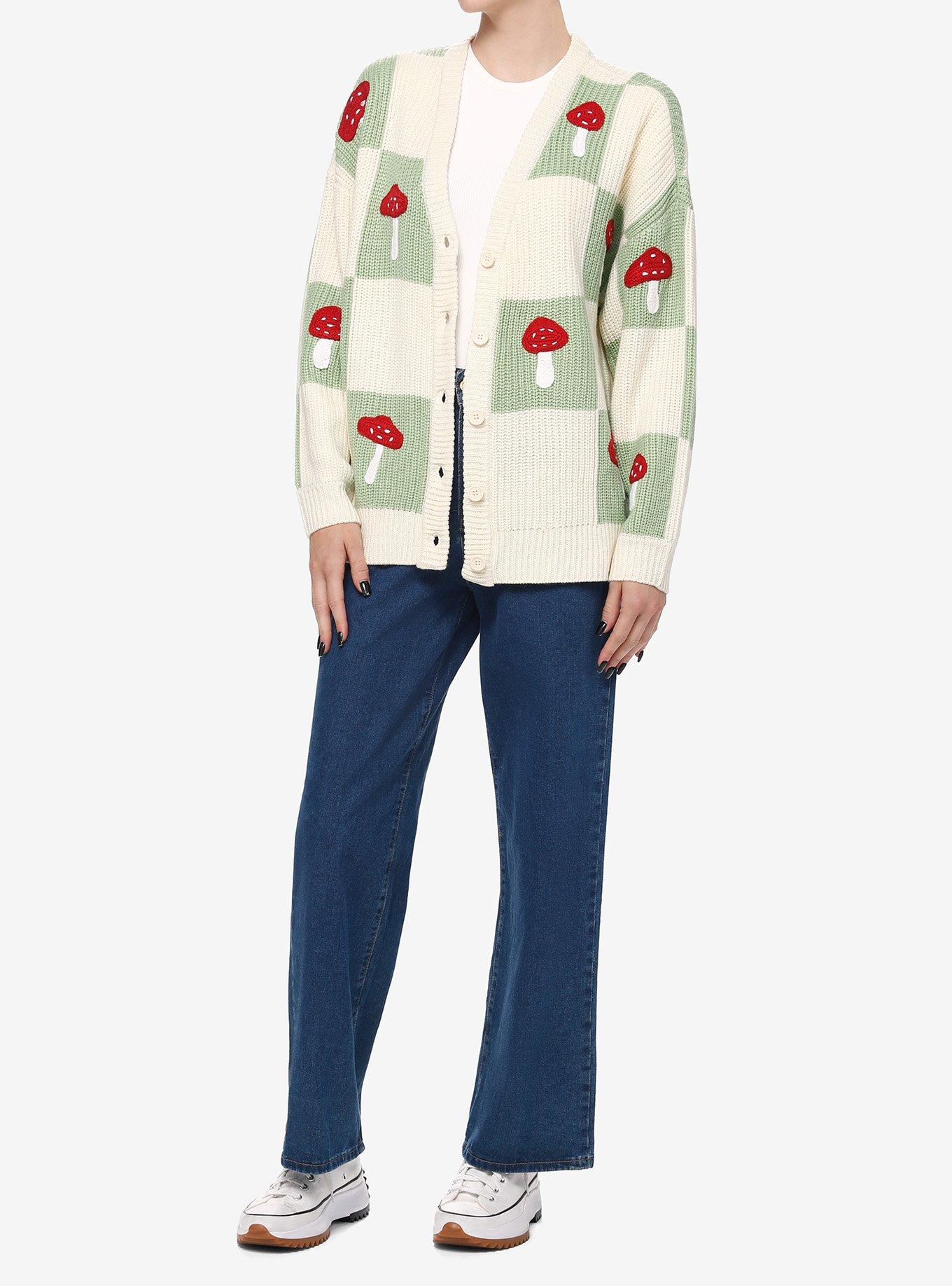 Thorn & Fable Mushroom Checkered Girls Cardigan, SAGE, alternate