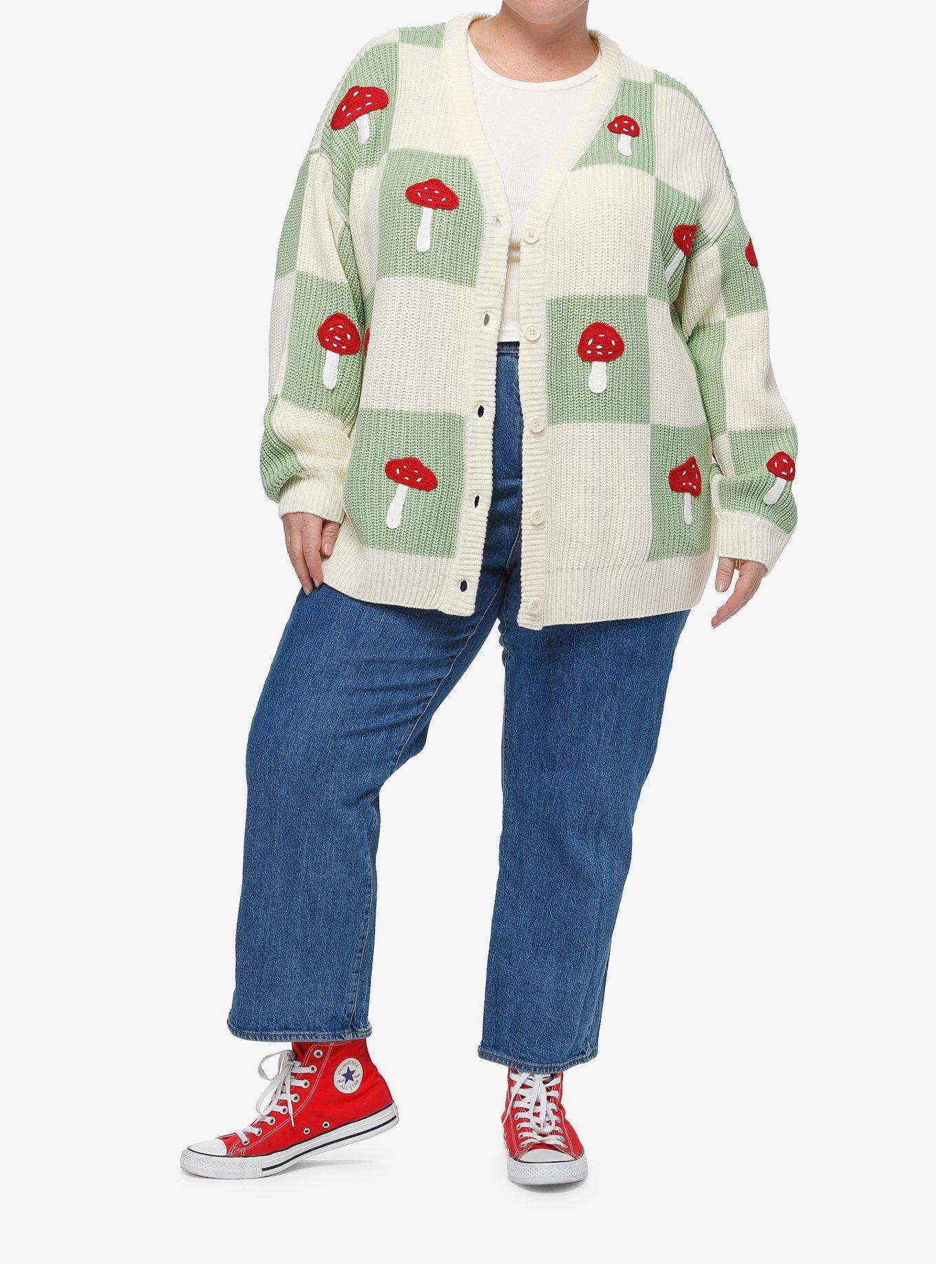 Thorn & Fable Mushroom Checkered Girls Cardigan Plus Size, SAGE, alternate