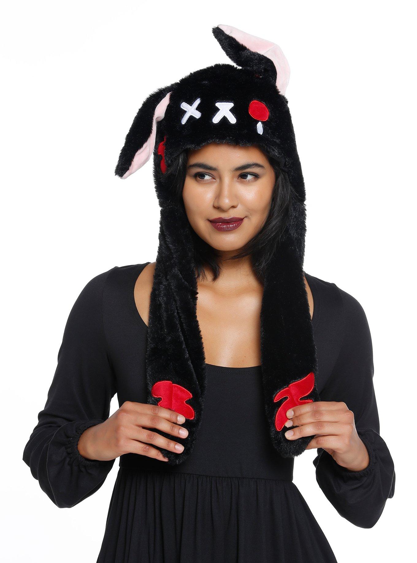 Black Goth Bunny Tassel Fuzzy Beanie