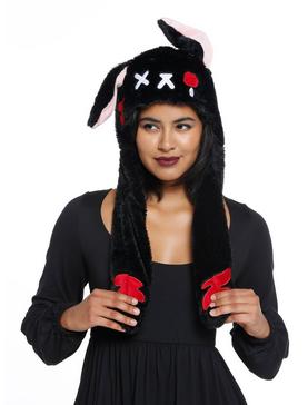 Black Goth Bunny Tassel Fuzzy Beanie, , hi-res