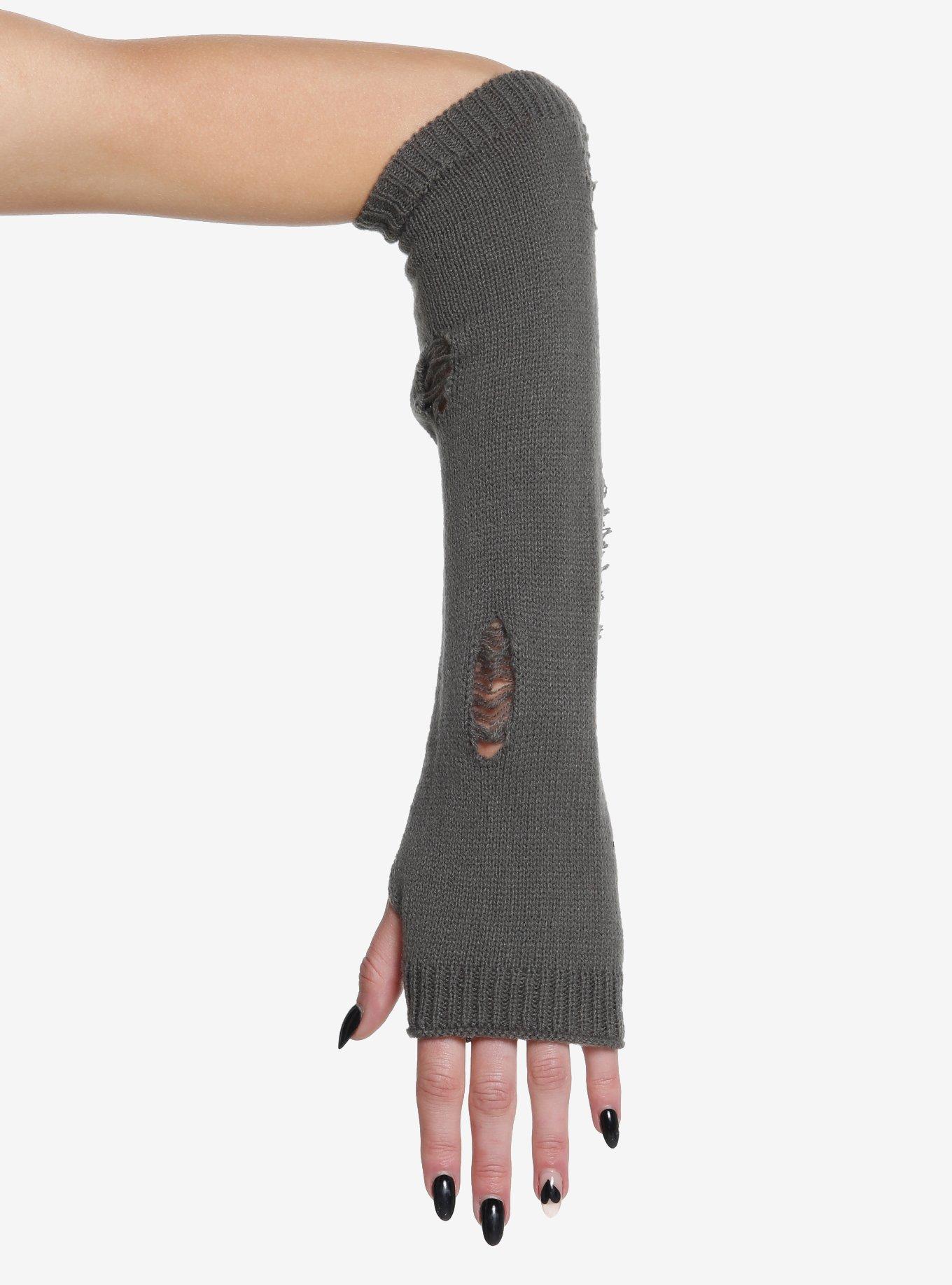Grey Distressed Arm Warmers, , alternate